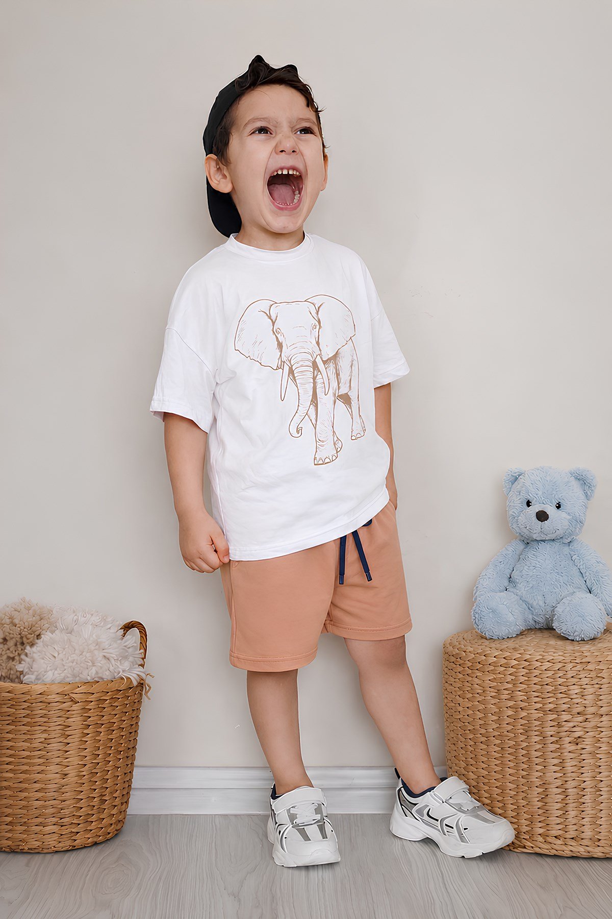 Erkek Çocuk Oversize Tişört Alt 2 İplik Şort Premium Kalite Belya Kids Fil Tasarım Alt Üst Takım