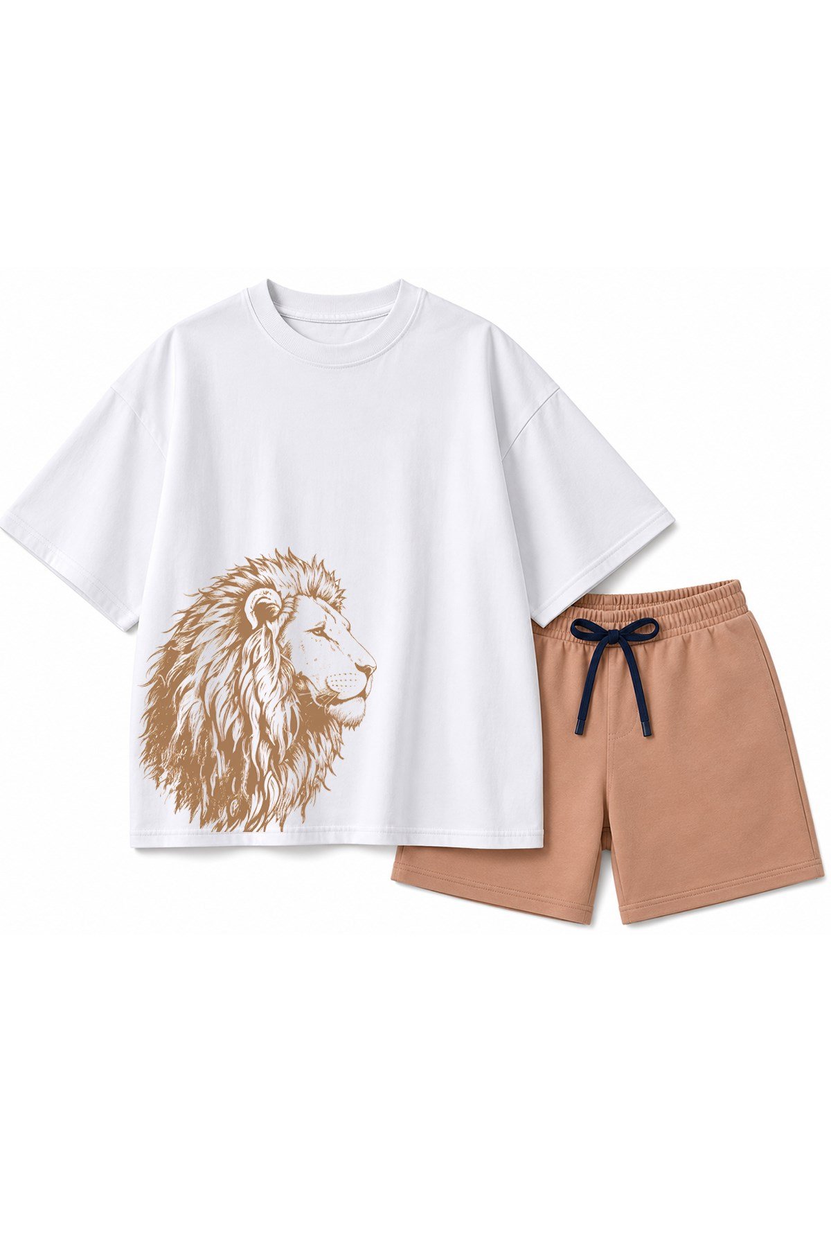 Erkek Çocuk Oversize Tişört Alt 2 İplik Şort Premium Kalite Belya Kids Aslan Tasarım Alt Üst Takım
