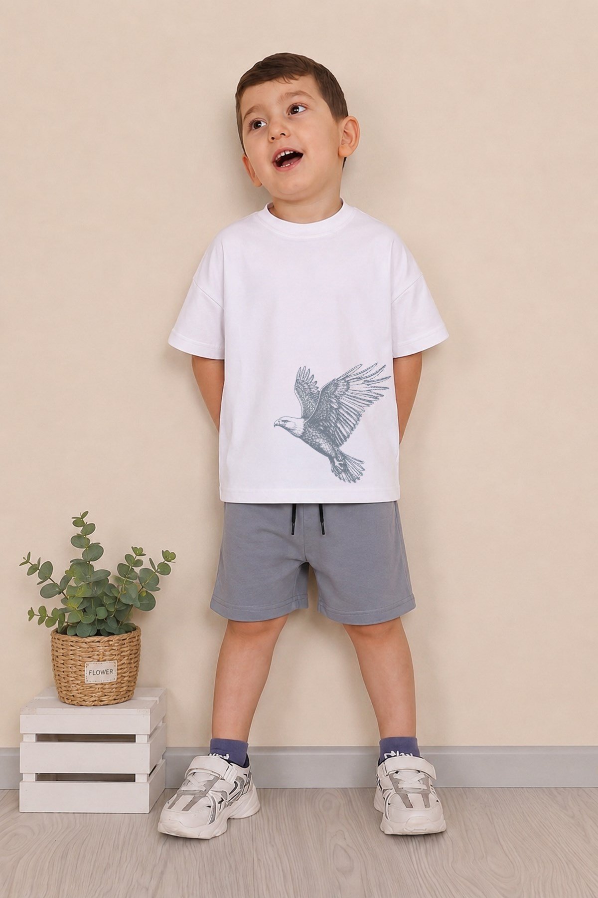Erkek Çocuk Oversize Tişört Alt 2 İplik Şort Premium Kalite Belya Kids Kartal Tasarım Alt Üst Takım