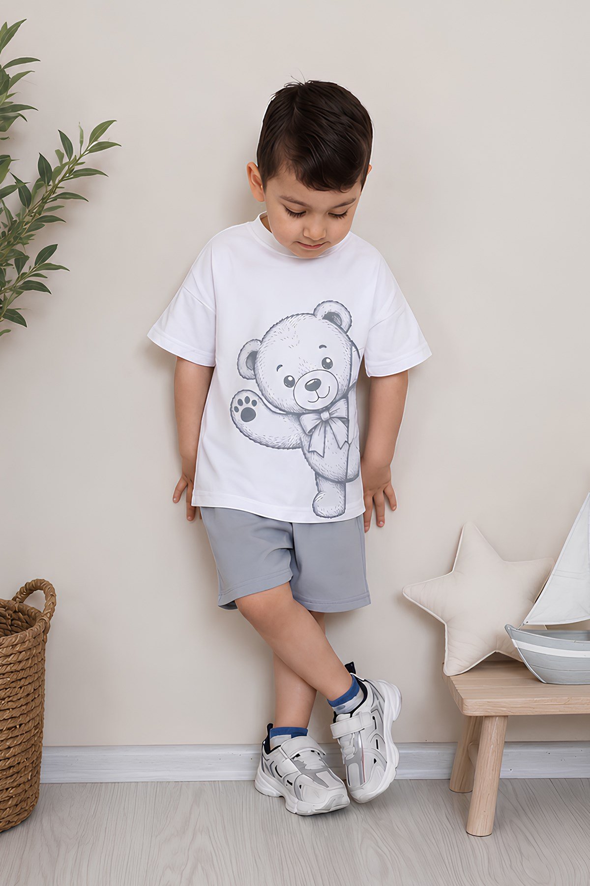Erkek Çocuk Oversize Tişört Alt 2 İplik Şort Premium Kalite Belya Kids Ayıcık Tasarım Alt Üst Takım