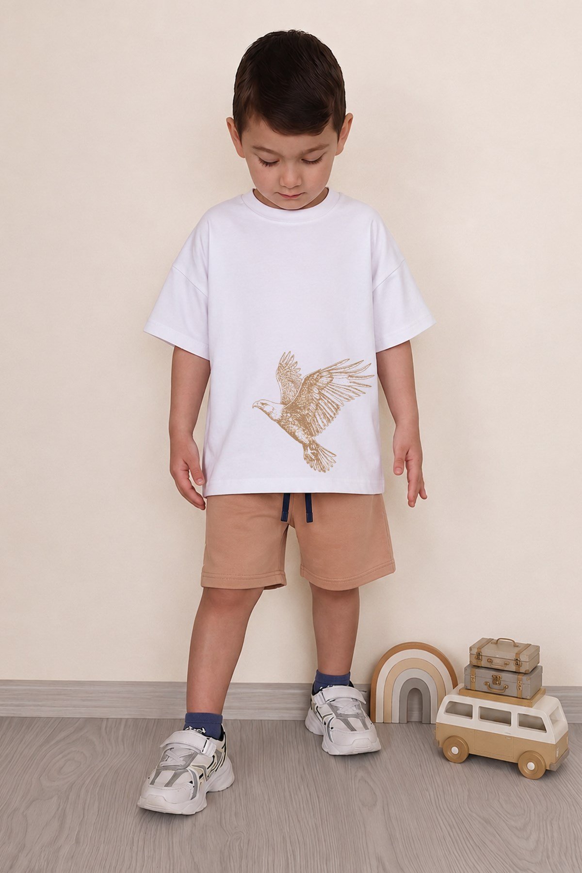 Erkek Çocuk Oversize Tişört Alt 2 İplik Şort Premium Kalite Belya Kids Kartal Tasarım Alt Üst Takım