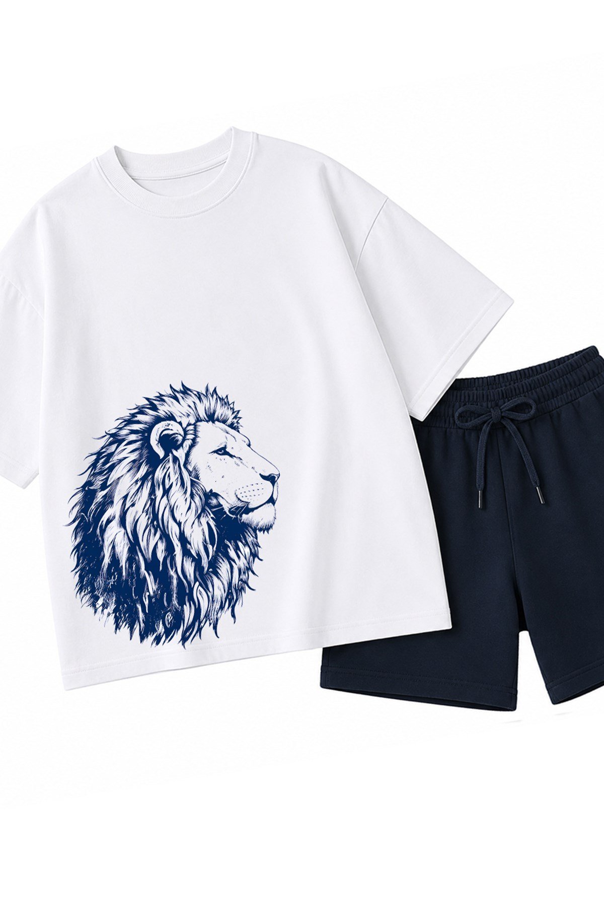 Erkek Çocuk Oversize Tişört Alt 2 İplik Şort Premium Kalite Belya Kids Aslan Tasarım Alt Üst Takım