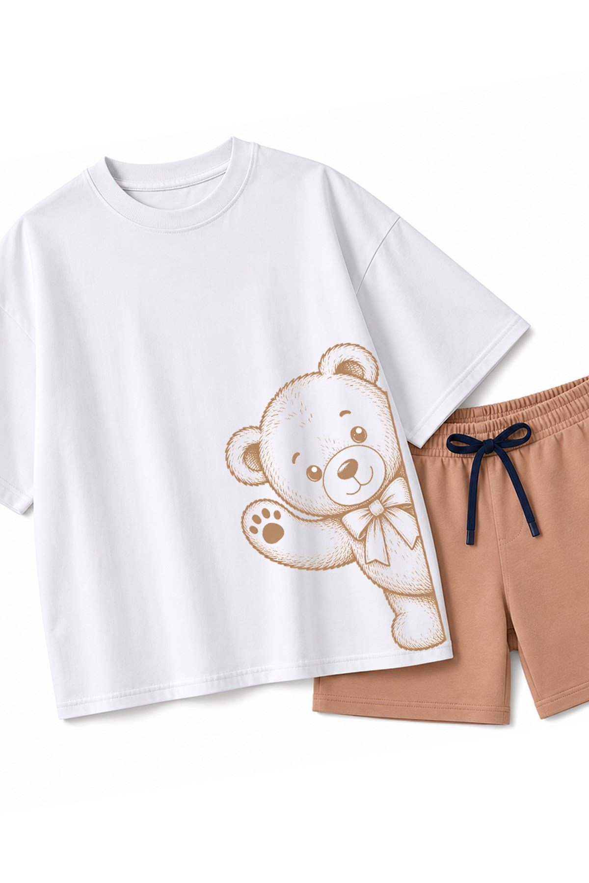 Erkek Çocuk Oversize Tişört Alt 2 İplik Şort Premium Kalite Belya Kids Ayıcık Tasarım Alt Üst Takım