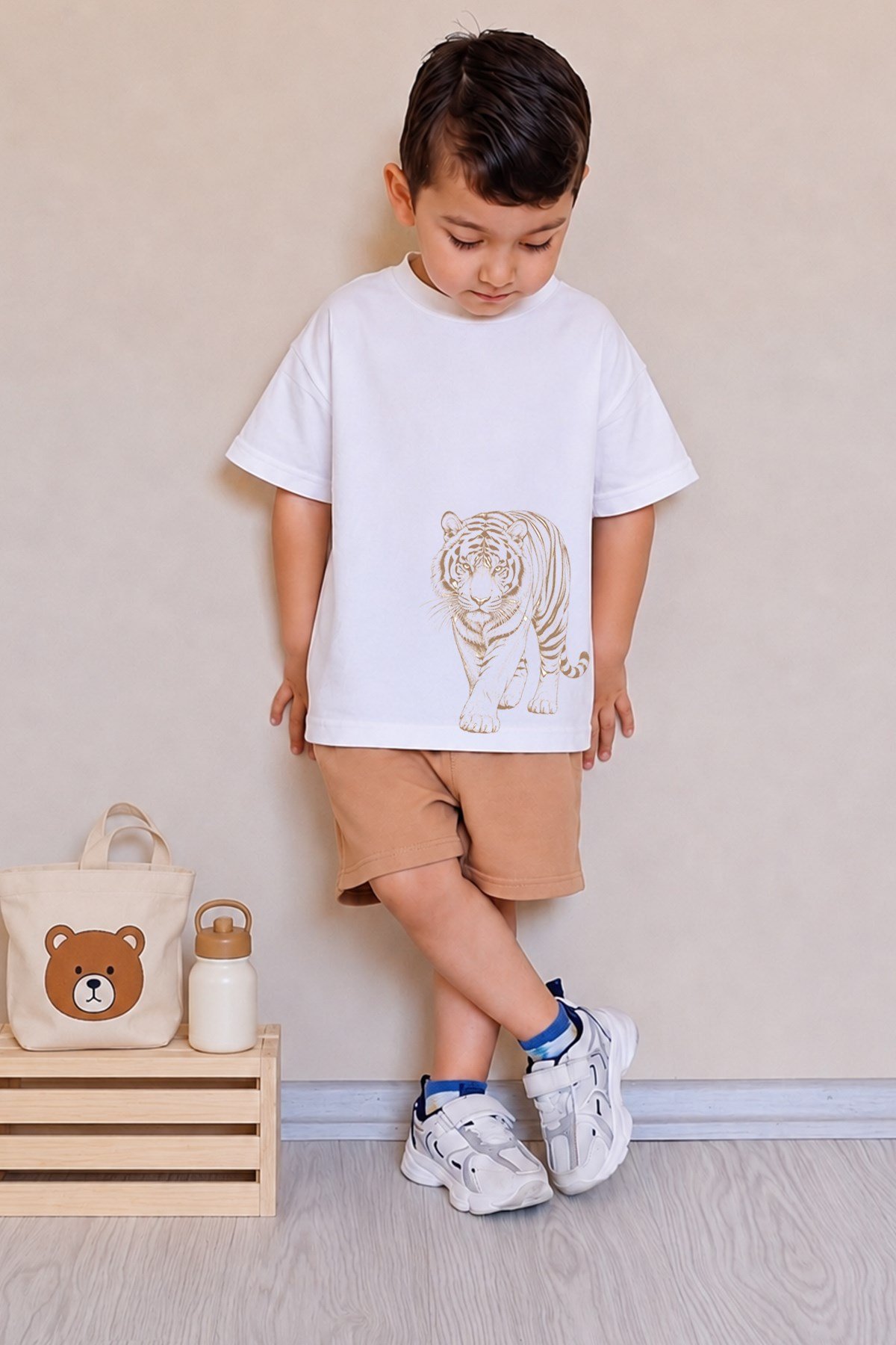 Erkek Çocuk Oversize Tişört Alt 2 İplik Şort Premium Kalite Belya Kids Kaplan Tasarım Alt Üst Takım