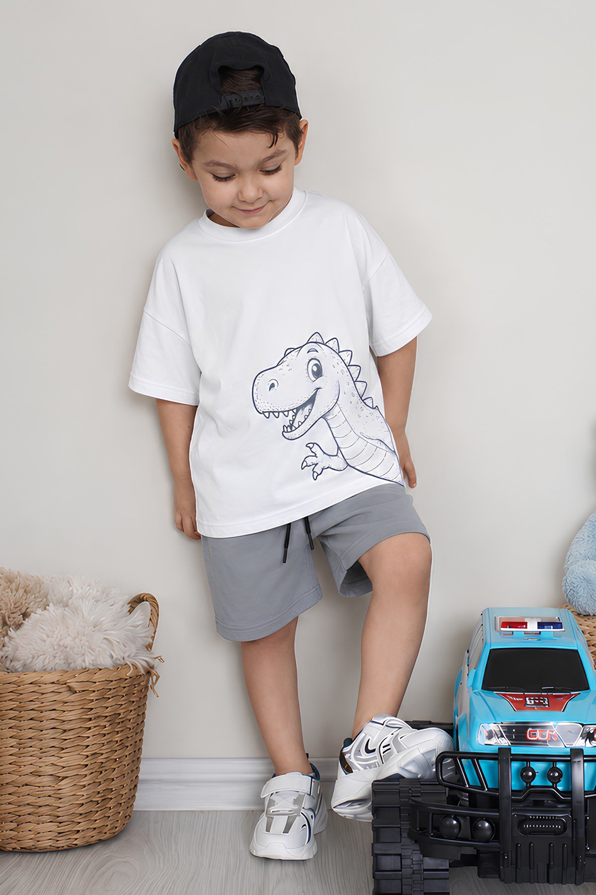 Erkek Çocuk Oversize Tişört Alt 2 İplik Şort Premium Kalite Belya Kids Dinazor Tasarım Alt Üst Takım