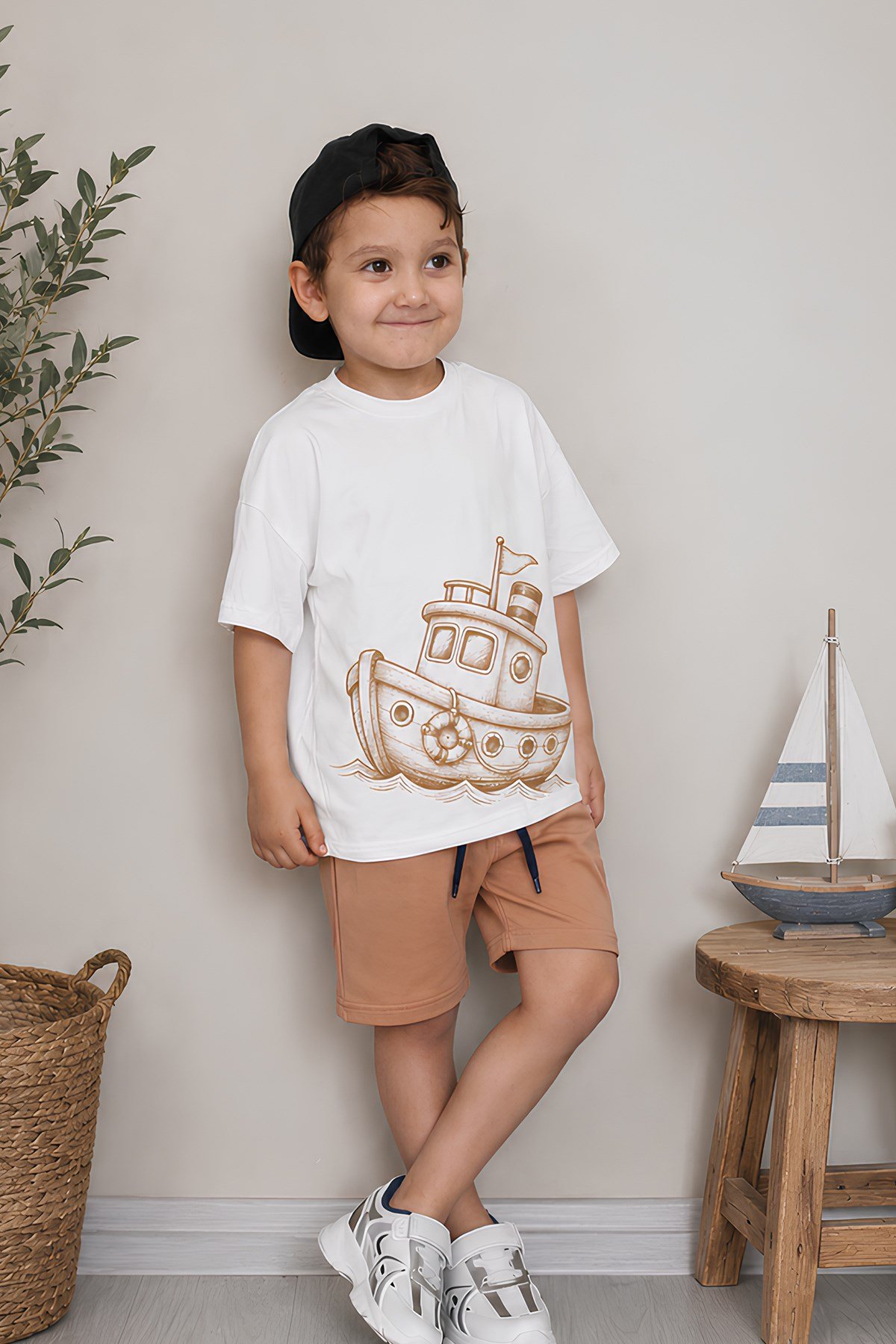 Erkek Çocuk Oversize Tişört Alt 2 İplik Şort Premium Kalite Belya Kids Gemi Tasarım Alt Üst Takım