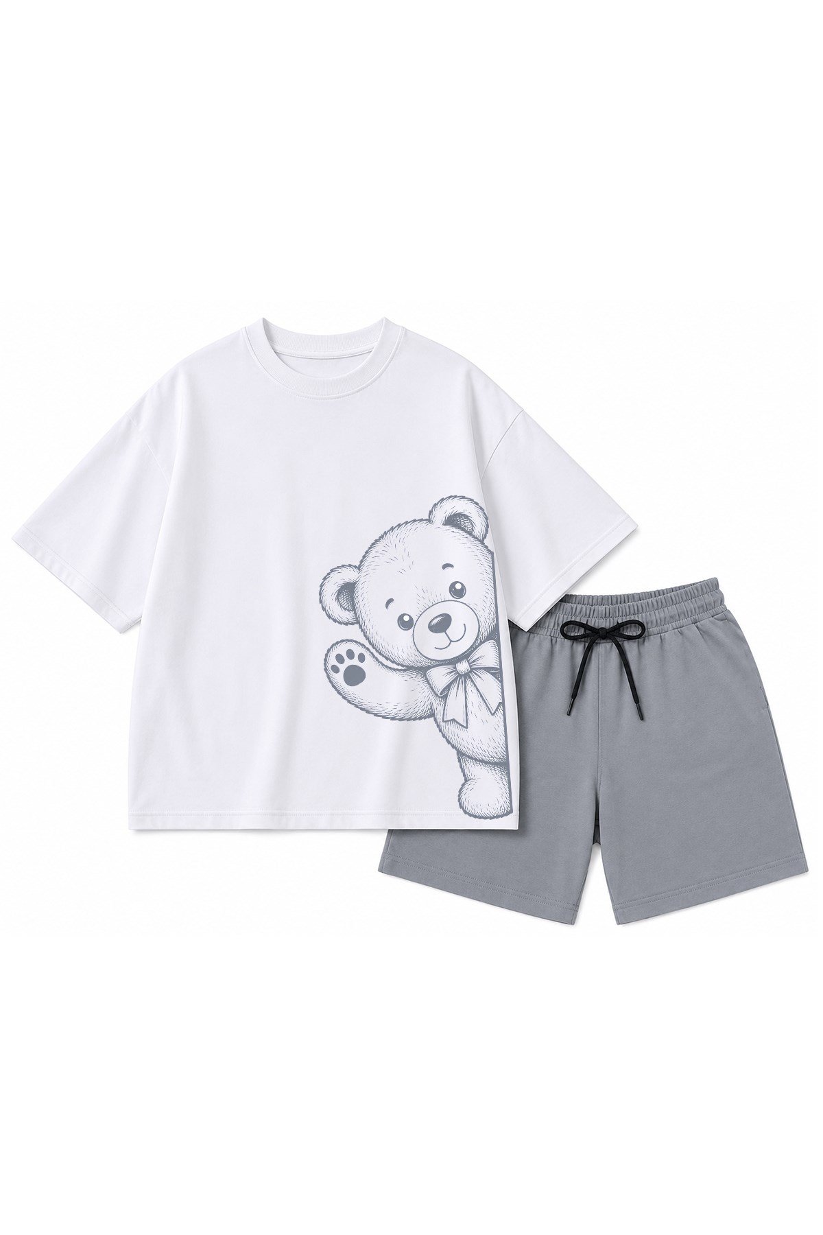 Erkek Çocuk Oversize Tişört Alt 2 İplik Şort Premium Kalite Belya Kids Ayıcık Tasarım Alt Üst Takım