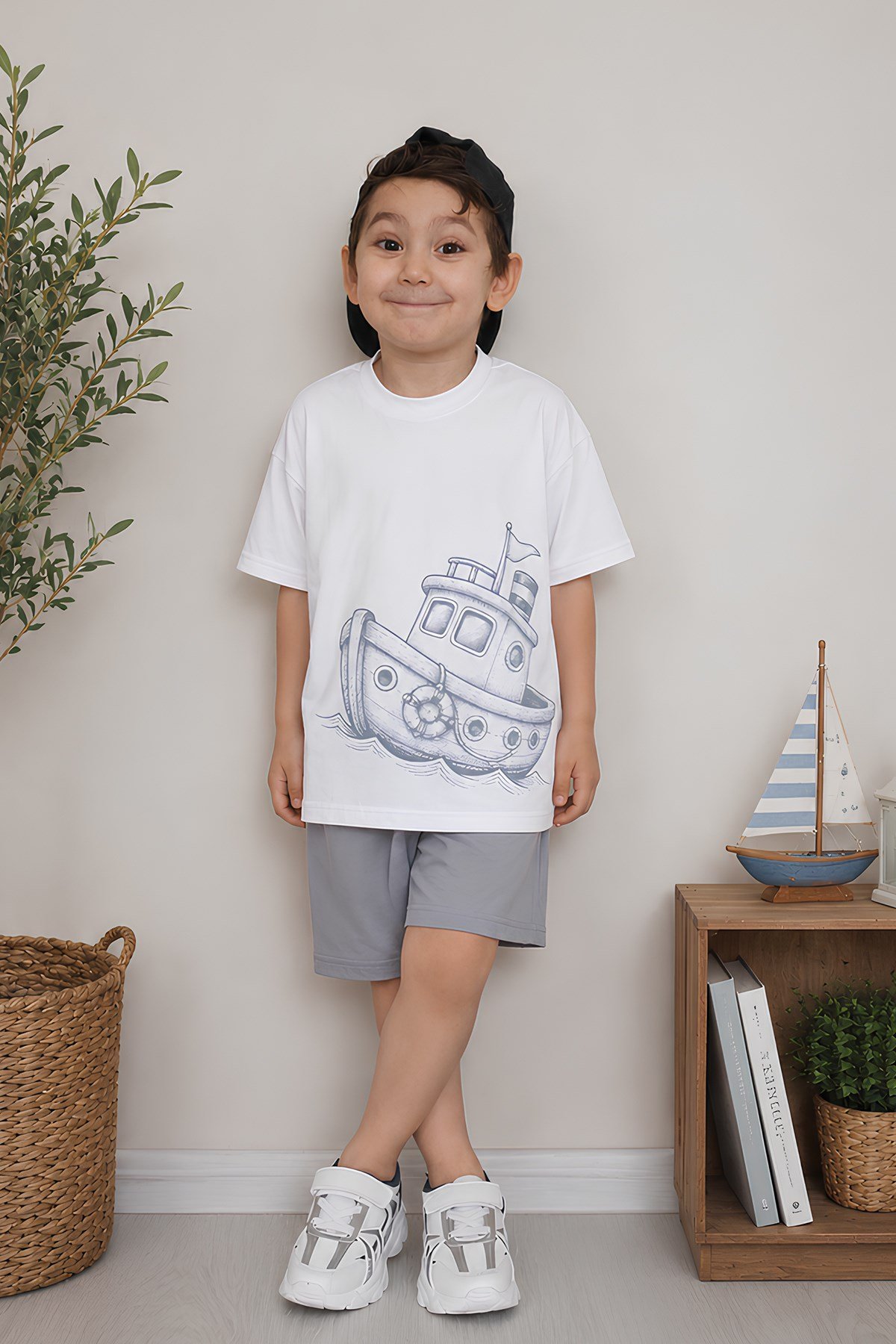 Erkek Çocuk Oversize Tişört Alt 2 İplik Şort Premium Kalite Belya Kids Gemi Tasarım Alt Üst Takım