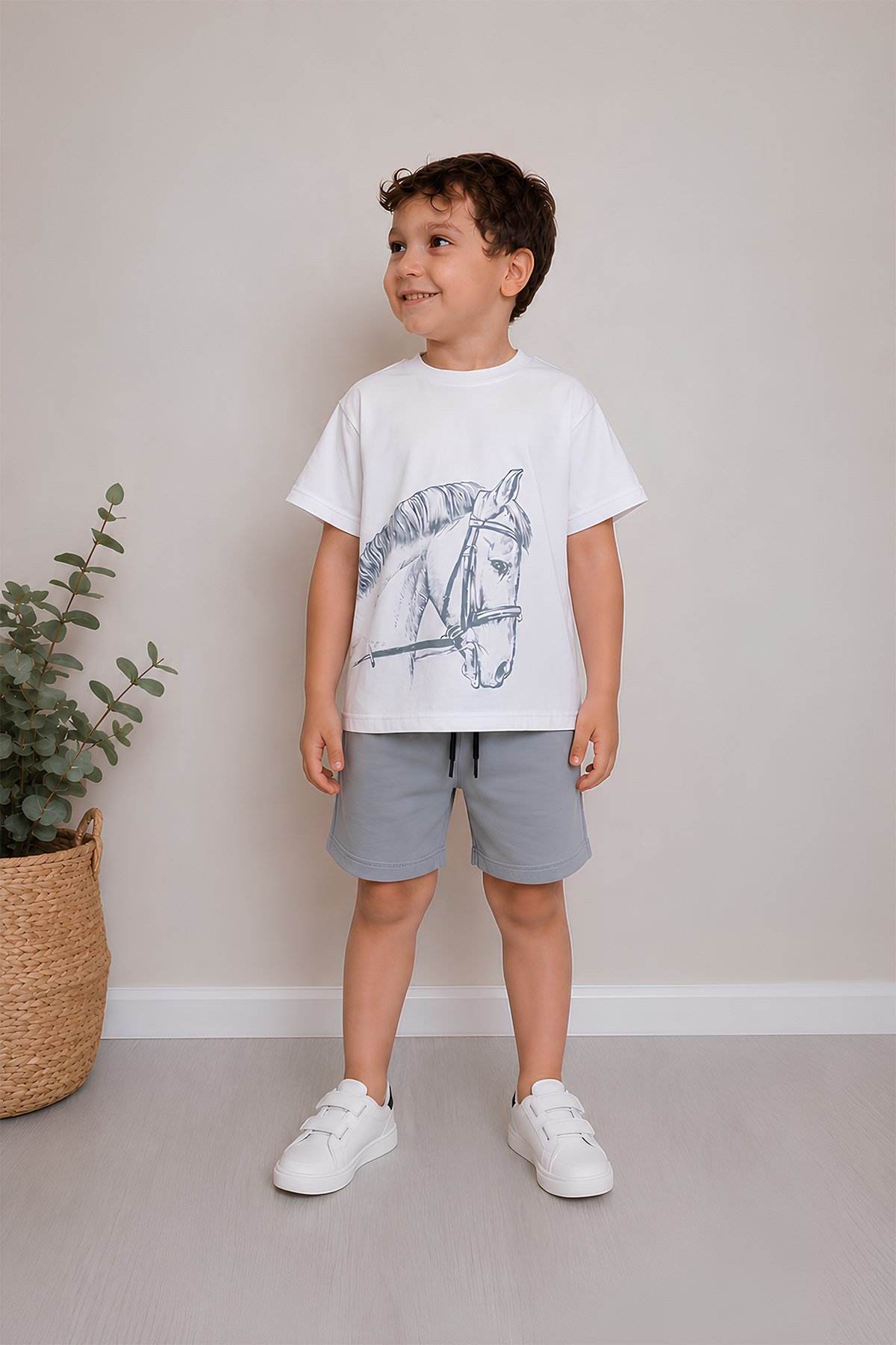 Erkek Çocuk Oversize Tişört Alt 2 İplik Şort Premium Kalite Belya Kids At Tasarım Alt Üst Takım