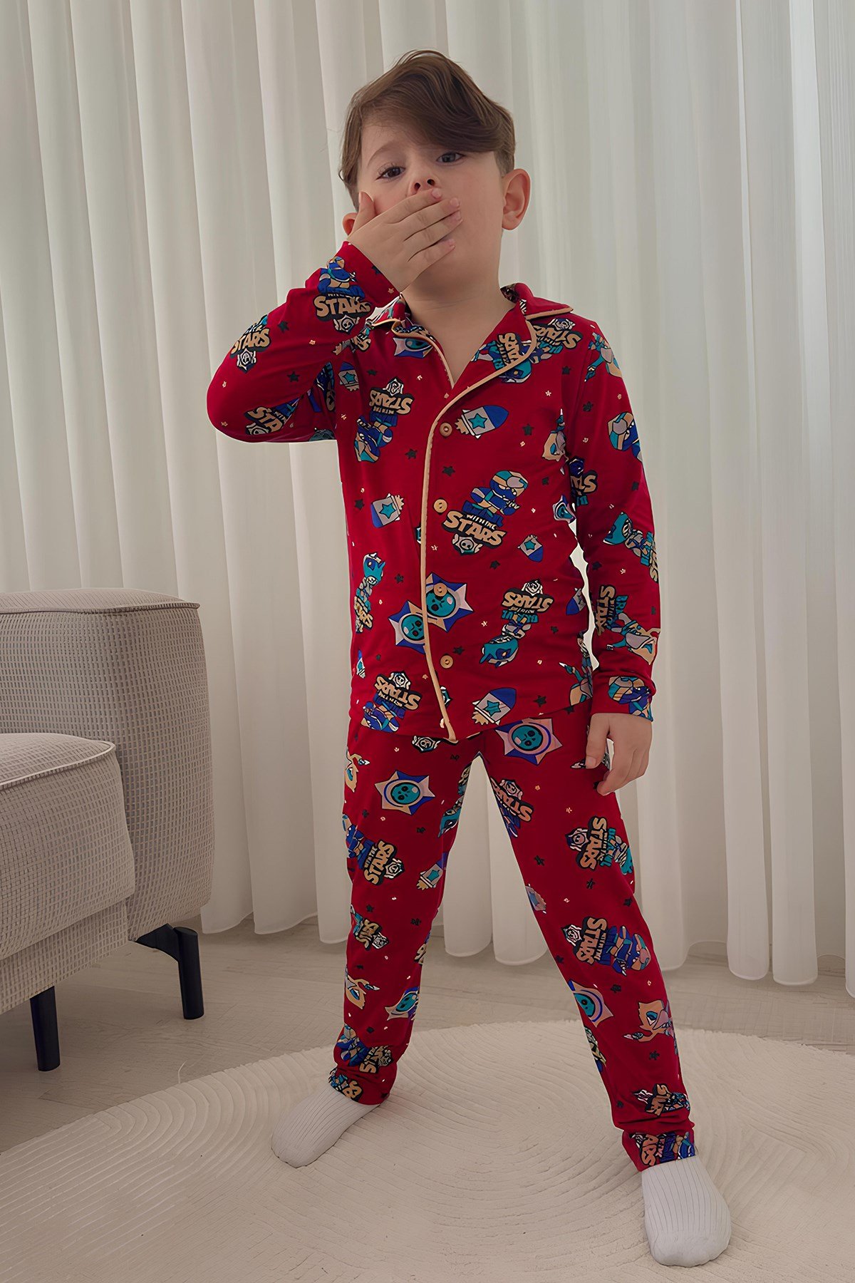 Erkek Çocuk Pamuklu Süet Kumaş2 Desen Gömlek Yaka Uyku Bantlı Düğmeli Uzun Kollu Pijama Takımı