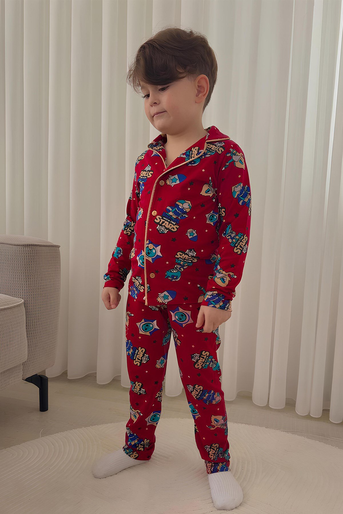 Erkek Çocuk Pamuklu Süet Kumaş2 Desen Gömlek Yaka Uyku Bantlı Düğmeli Uzun Kollu Pijama Takımı