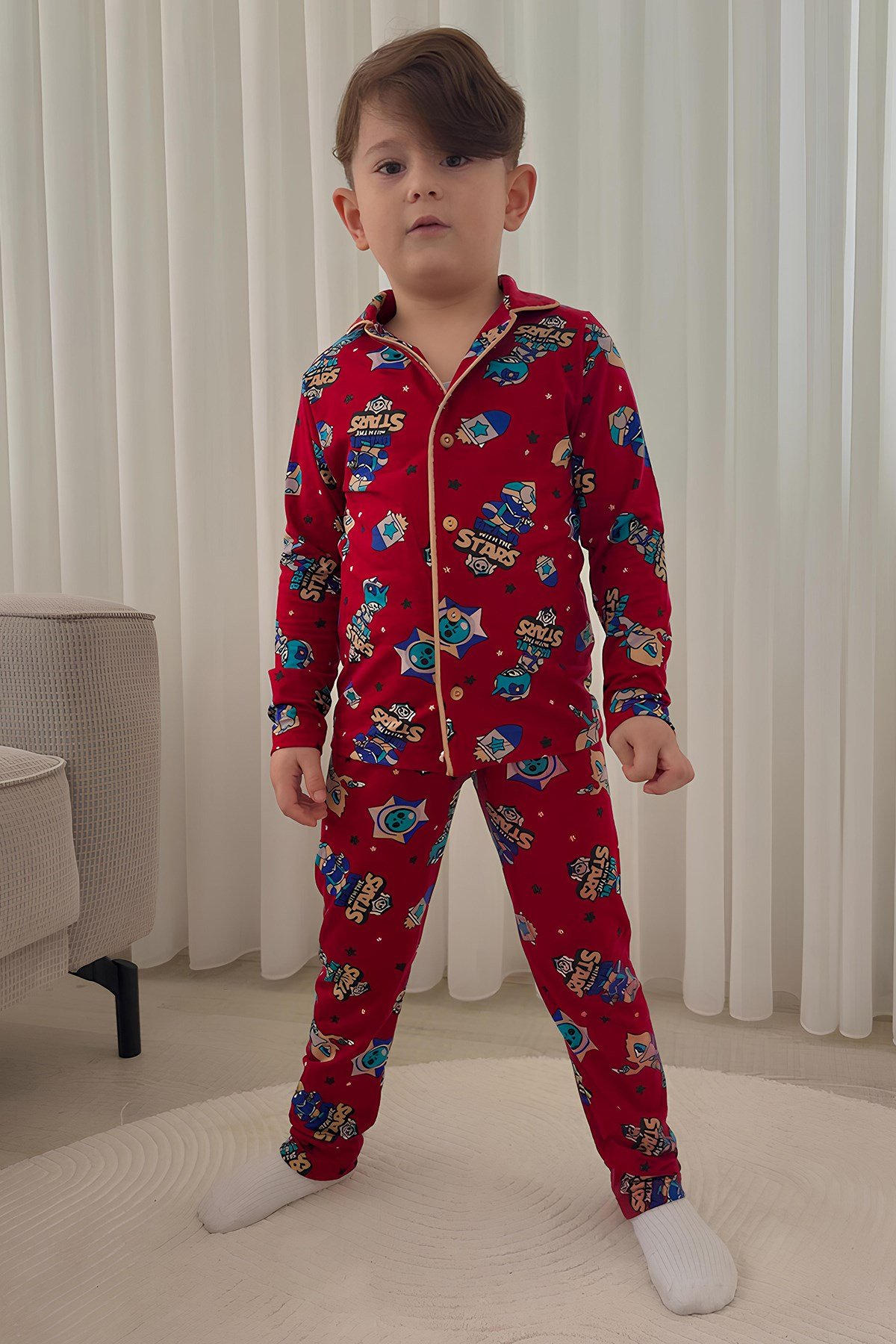 Erkek Çocuk Pamuklu Süet Kumaş2 Desen Gömlek Yaka Uyku Bantlı Düğmeli Uzun Kollu Pijama Takımı