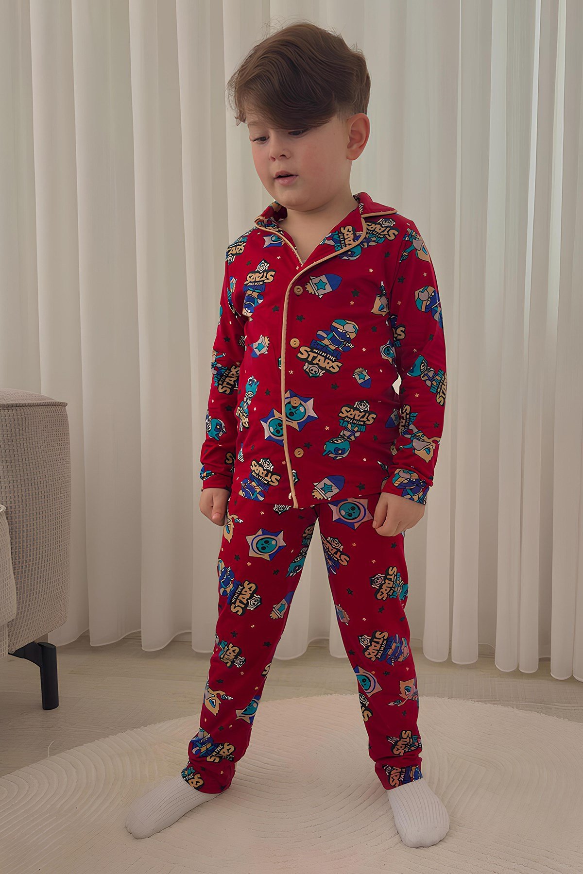 Erkek Çocuk Pamuklu Süet Kumaş2 Desen Gömlek Yaka Uyku Bantlı Düğmeli Uzun Kollu Pijama Takımı