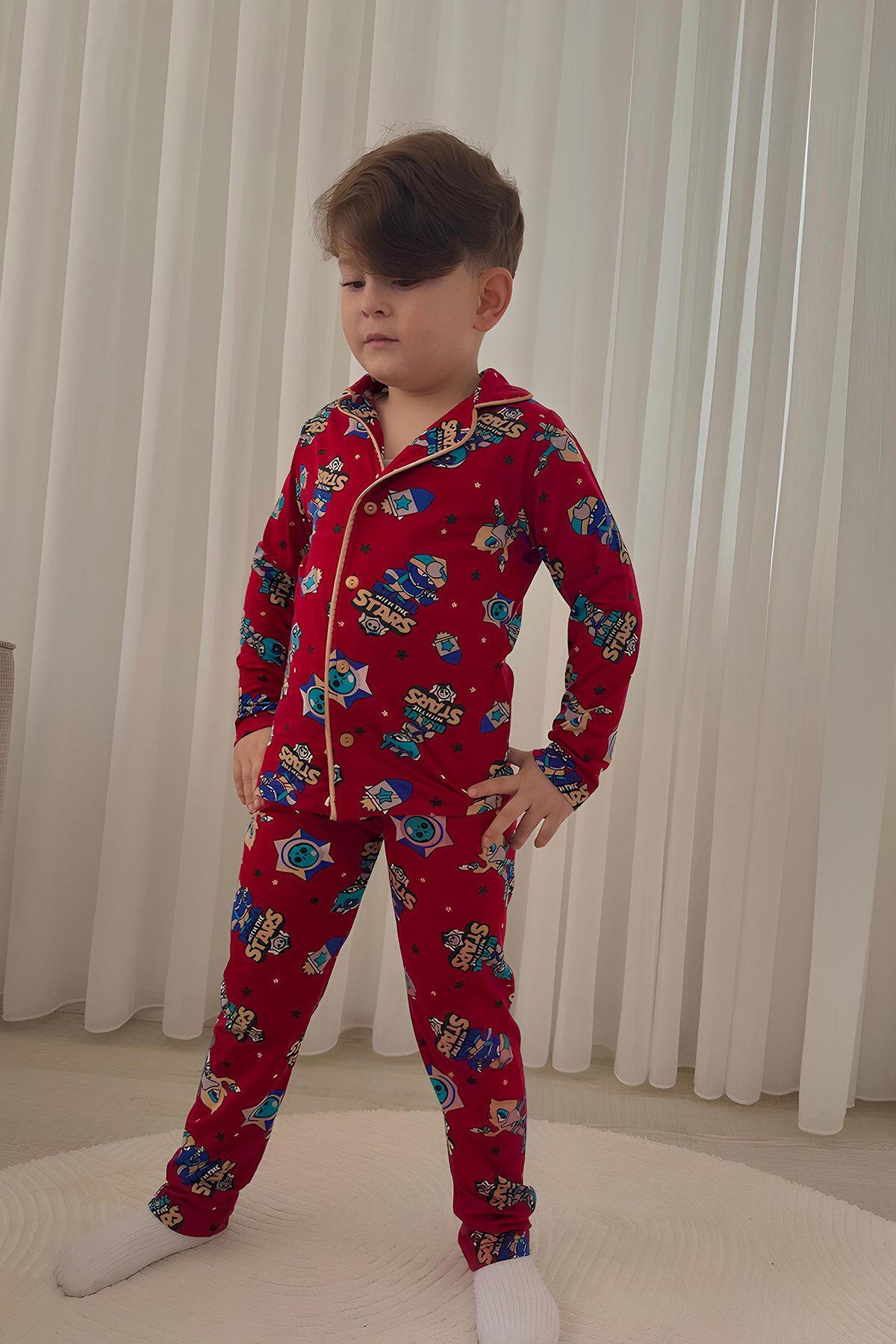 Erkek Çocuk Pamuklu Süet Kumaş2 Desen Gömlek Yaka Uyku Bantlı Düğmeli Uzun Kollu Pijama Takımı
