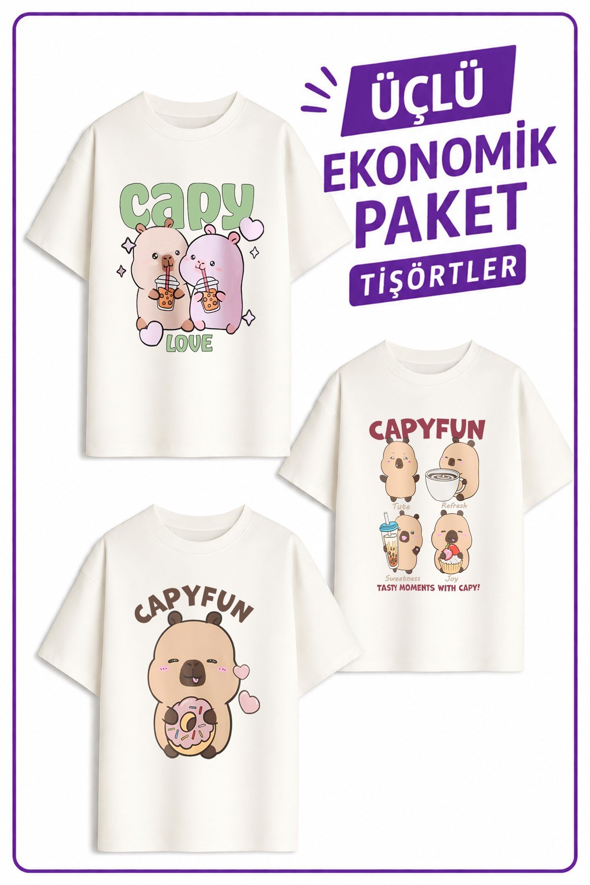 Kız Çocuk 1 Cap Bara Tasarım 3 lü Ekonomik Paket T-shirtler