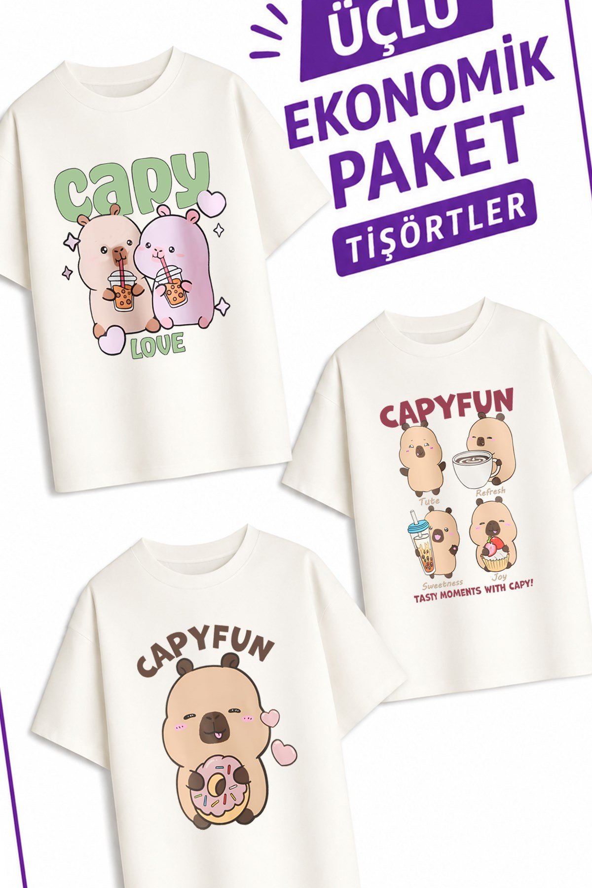 Kız Çocuk 1 Cap Bara Tasarım 3 lü Ekonomik Paket T-shirtler