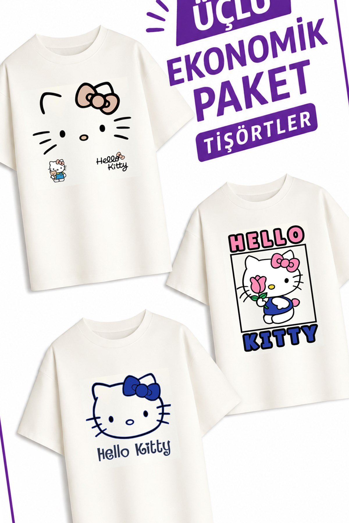 Kız Çocuk 2 Hello Tasarım 3 lü Ekonomik Paket T-shirtler