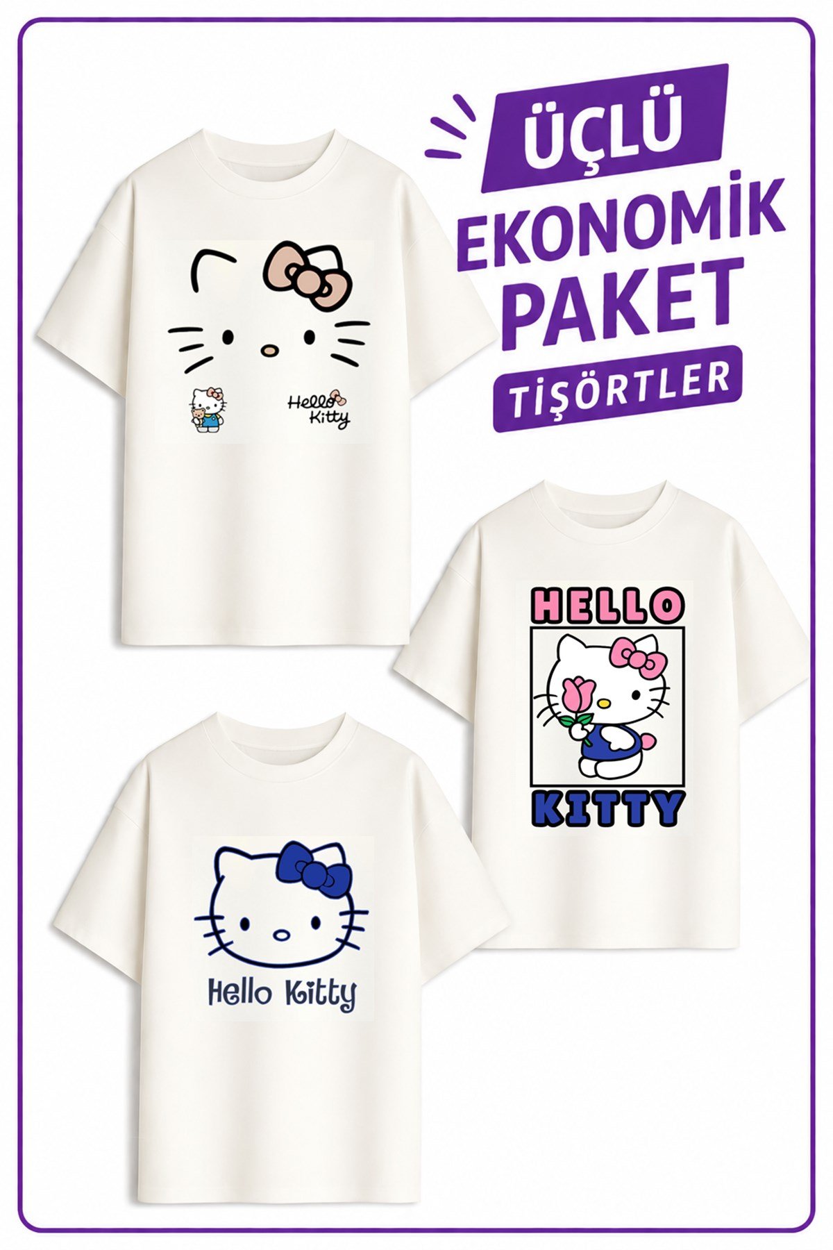 Kız Çocuk 2 Hello Tasarım 3 lü Ekonomik Paket T-shirtler
