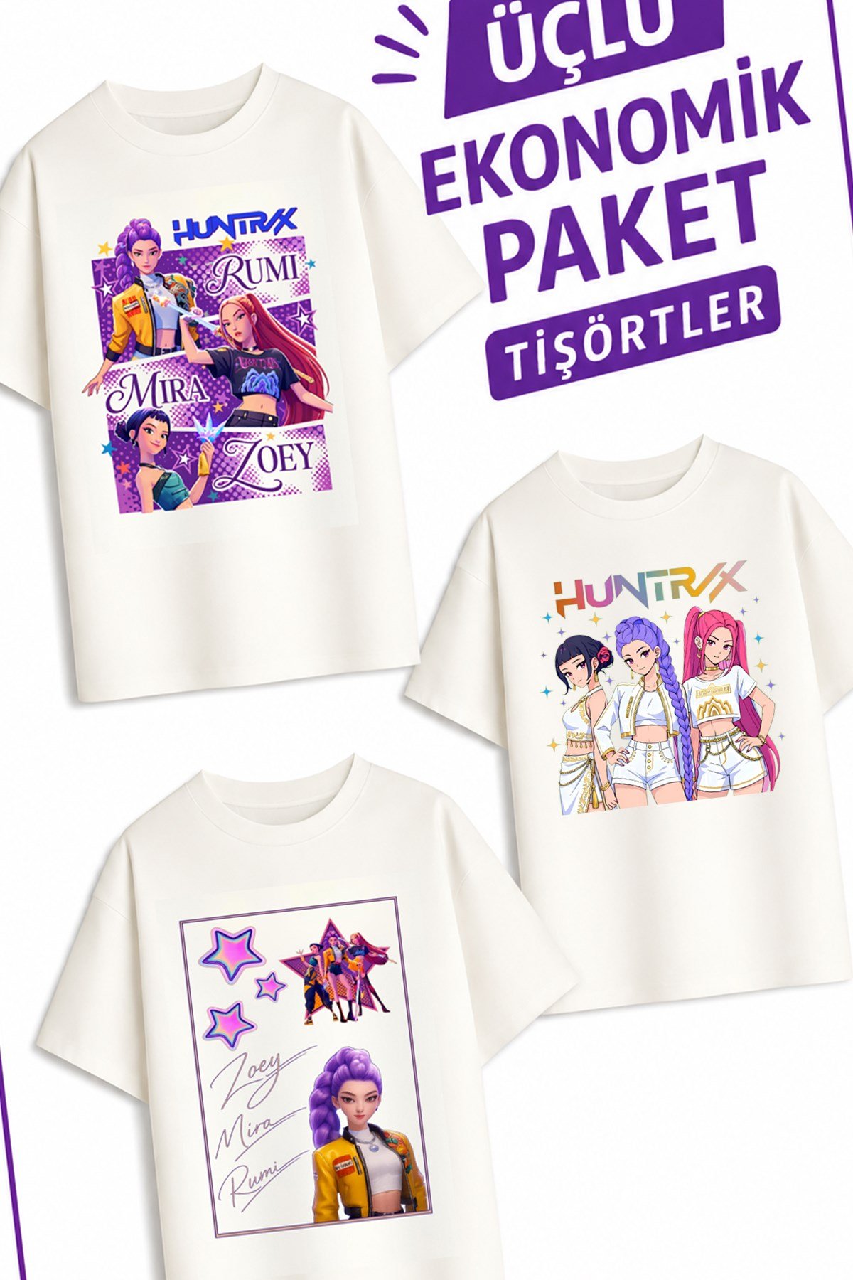 Kız Çocuk 7 Huntrıx Tasarım 3 lü Ekonomik Paket T-shirtler