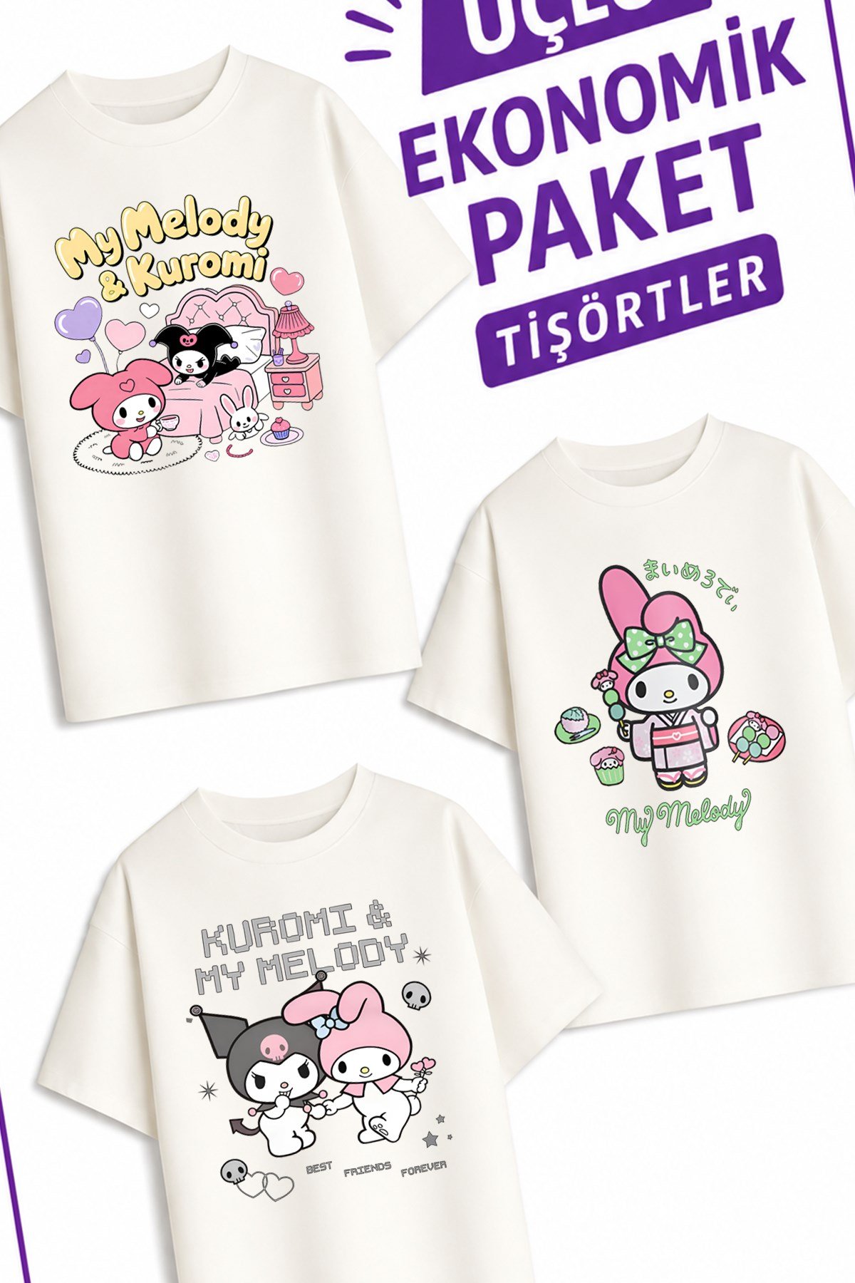 Kız Çocuk 9 Kuro Melo Tasarım 3 lü Ekonomik Paket T-shirtler