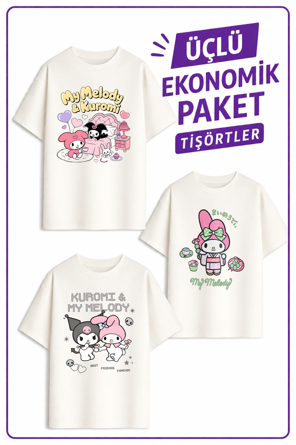 Kız Çocuk 9 Kuro Melo Tasarım 3 lü Ekonomik Paket T-shirtler