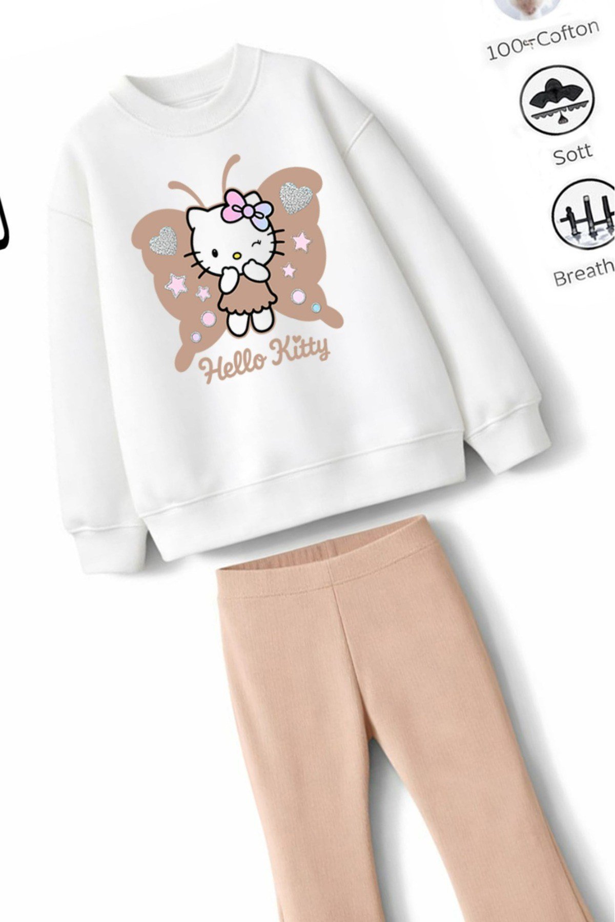 Kız Çocuk Tam Kalıp Üst Oversize Alt Taytlı Hello Kelebek Tasarım 193 Alt Üst Takım