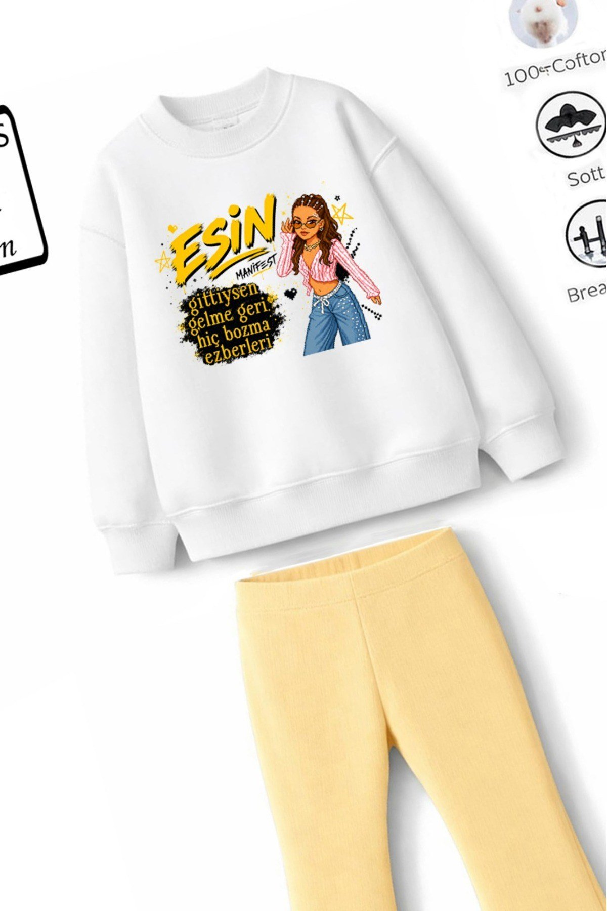 Kız Çocuk Tam Kalıp Üst Oversize Alt Taytlı Sarı Esin Tasarım 239 Alt Üst Takım