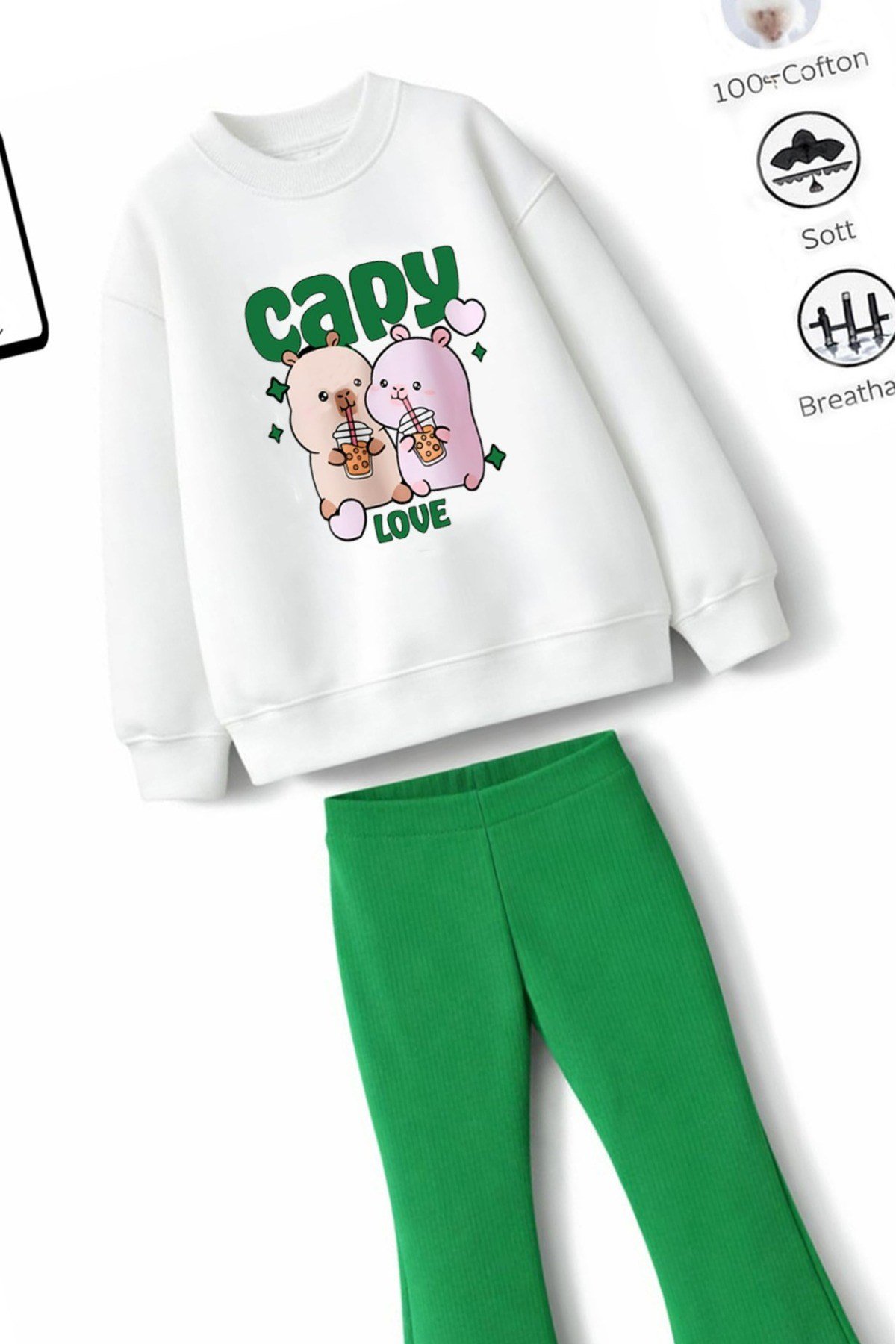 Kız Çocuk Tam Kalıp Üst Oversize Alt Taytlı CapyLove Tasarım 182 Alt Üst Takım