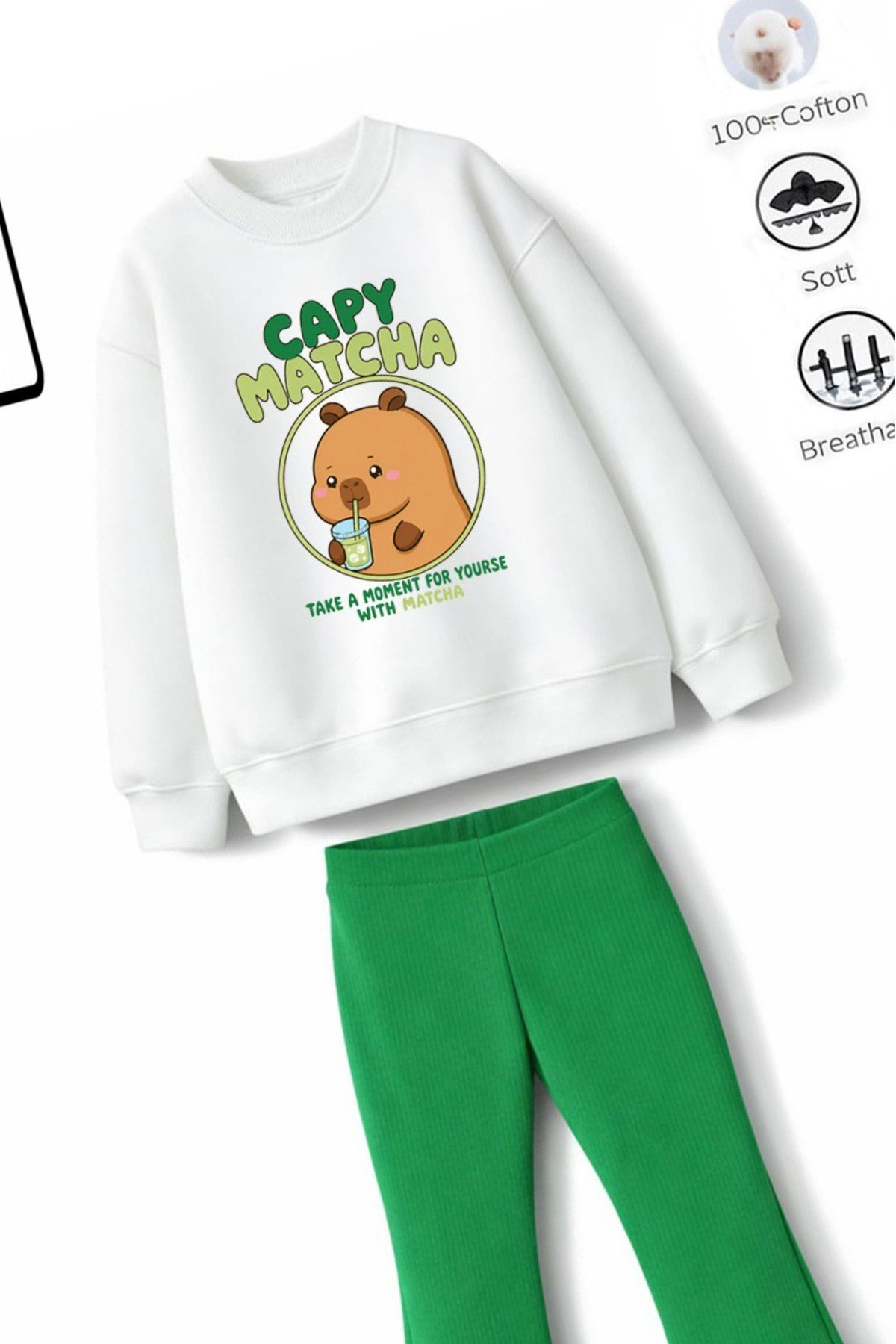 Kız Çocuk Tam Kalıp Üst Oversize Alt Taytlı CapyMatcha Tasarım 181 Alt Üst Takım