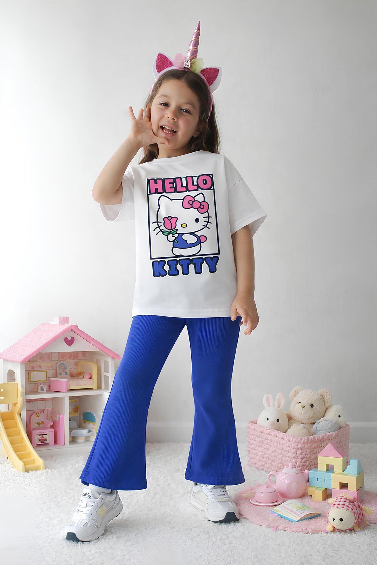 Kız Çocuk Tam Kalıp Üst Oversize Altı Taytlı Hello Tasarım25 Alt Üst Takım