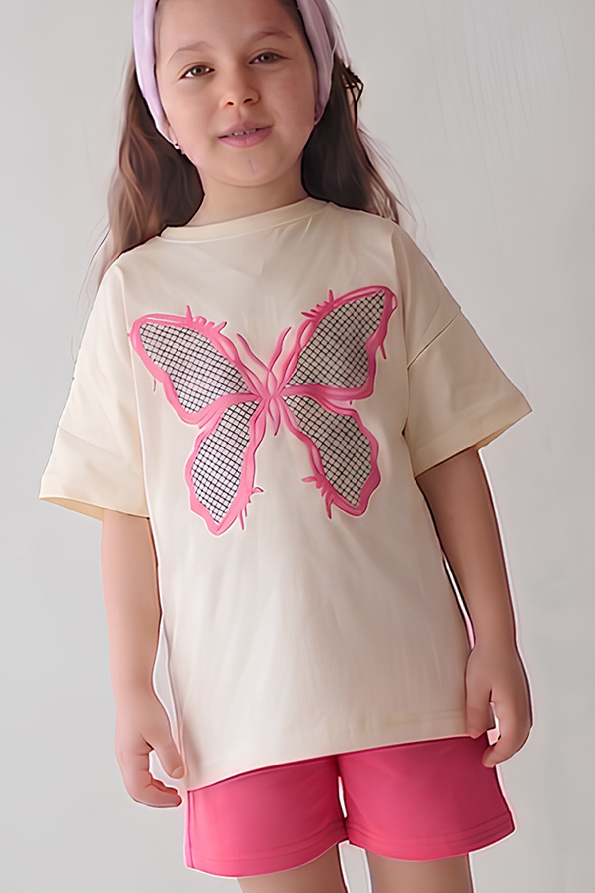 Kız Çocuk Üst Oversize Süprem Alt İki İplik Kelebek Desenli8 askılı Alt Üst Takım