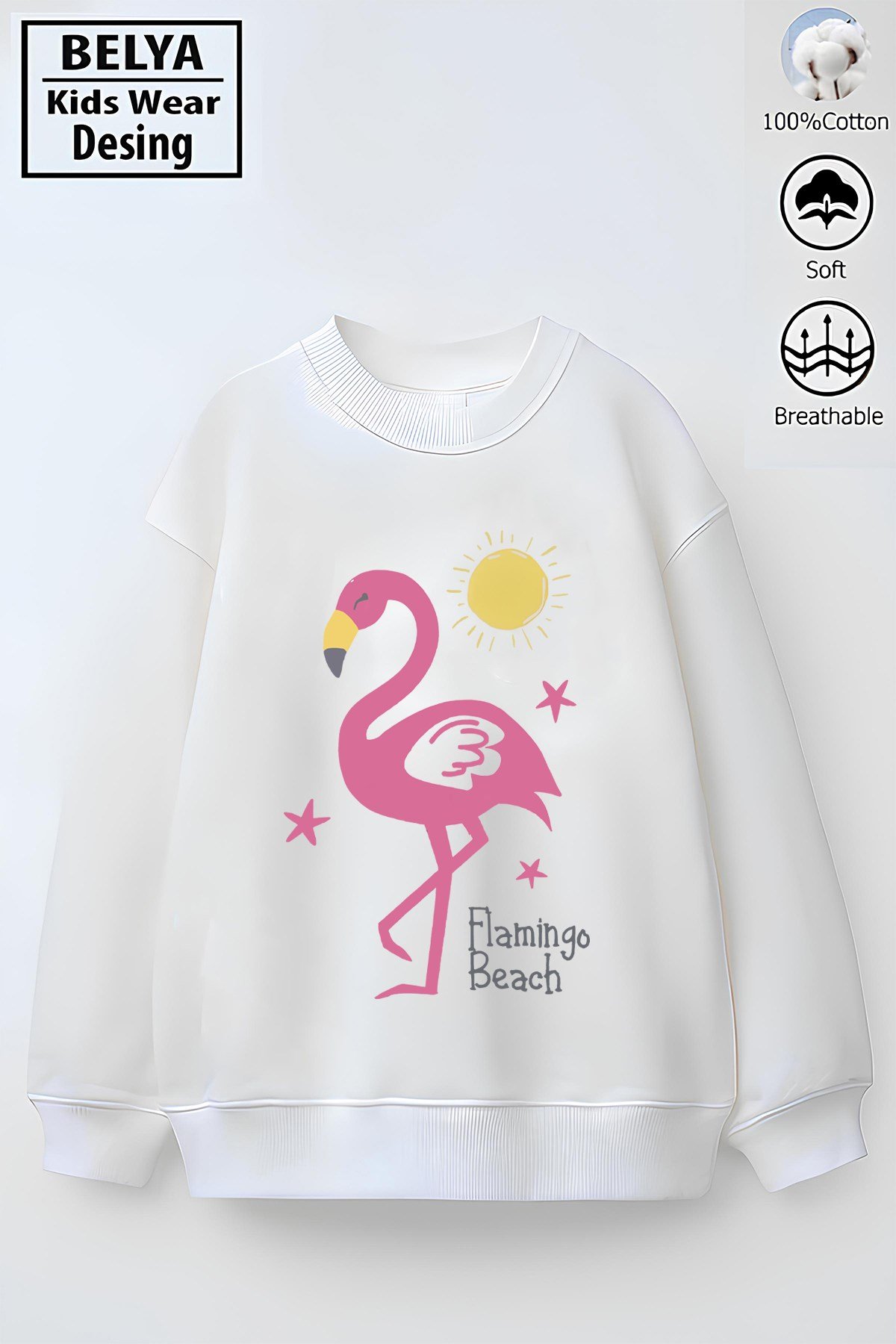 Tam Kalıp Oversize Kız Çocuk Pamuğa Pamuk 3 İplik Kumaş Flamingo Karakter Tasarım Sweatshirt