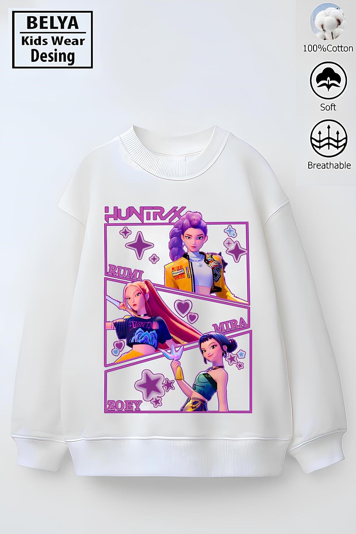Tam Kalıp Oversize Kız Çocuk Pamuğa Pamuk 3 İplik Kumaş Pop Tasarım Sweatshirt