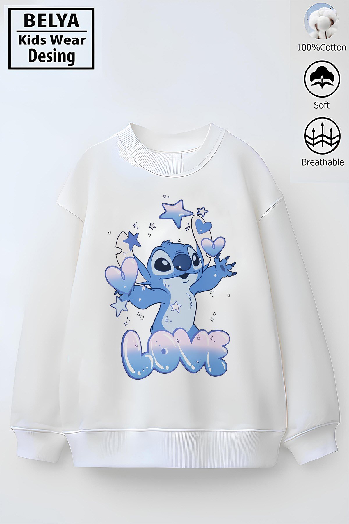 Tam Kalıp Oversize Kız Çocuk Pamuğa Pamuk 3 İplik Kumaş Stıtch Love Karakter Tasarım Sweatshirt