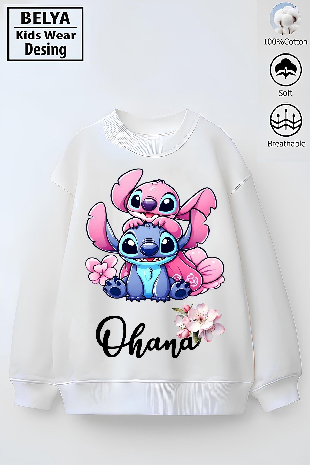 Tam Kalıp Oversize Kız Çocuk Pamuğa Pamuk 3 İplik Kumaş Stıtch Ohana Karakter Tasarım Sweatshirt