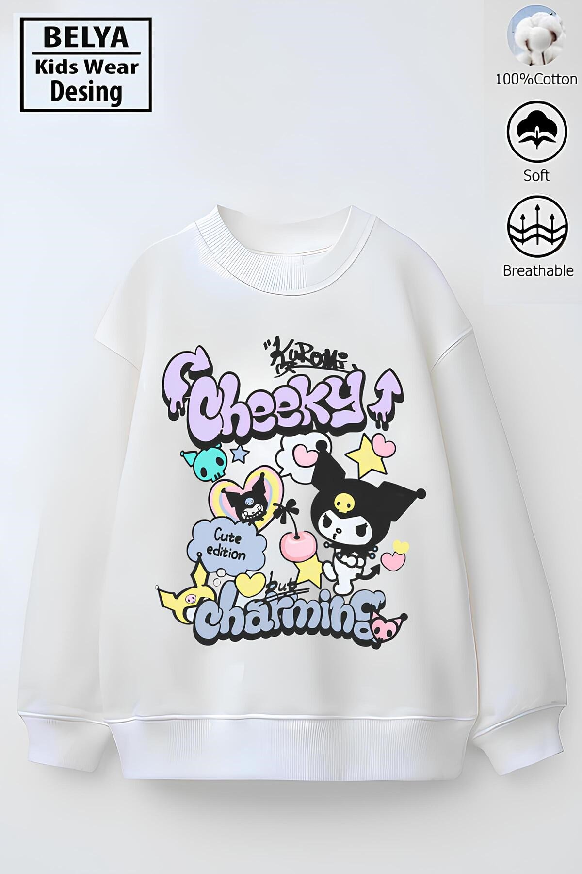 Tam Kalıp Oversize Kız Çocuk Pamuğa Pamuk 3 İplik Kumaş Karakter Tasarım Sweatshirt