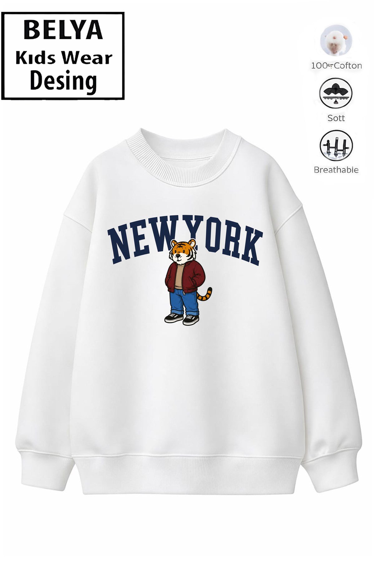 Trend Çocuk Erkek Model Tam Kalıp Oversize Kaplan 2 İplik Pamuğa Pamuk Kumaş Sweatshirt 27