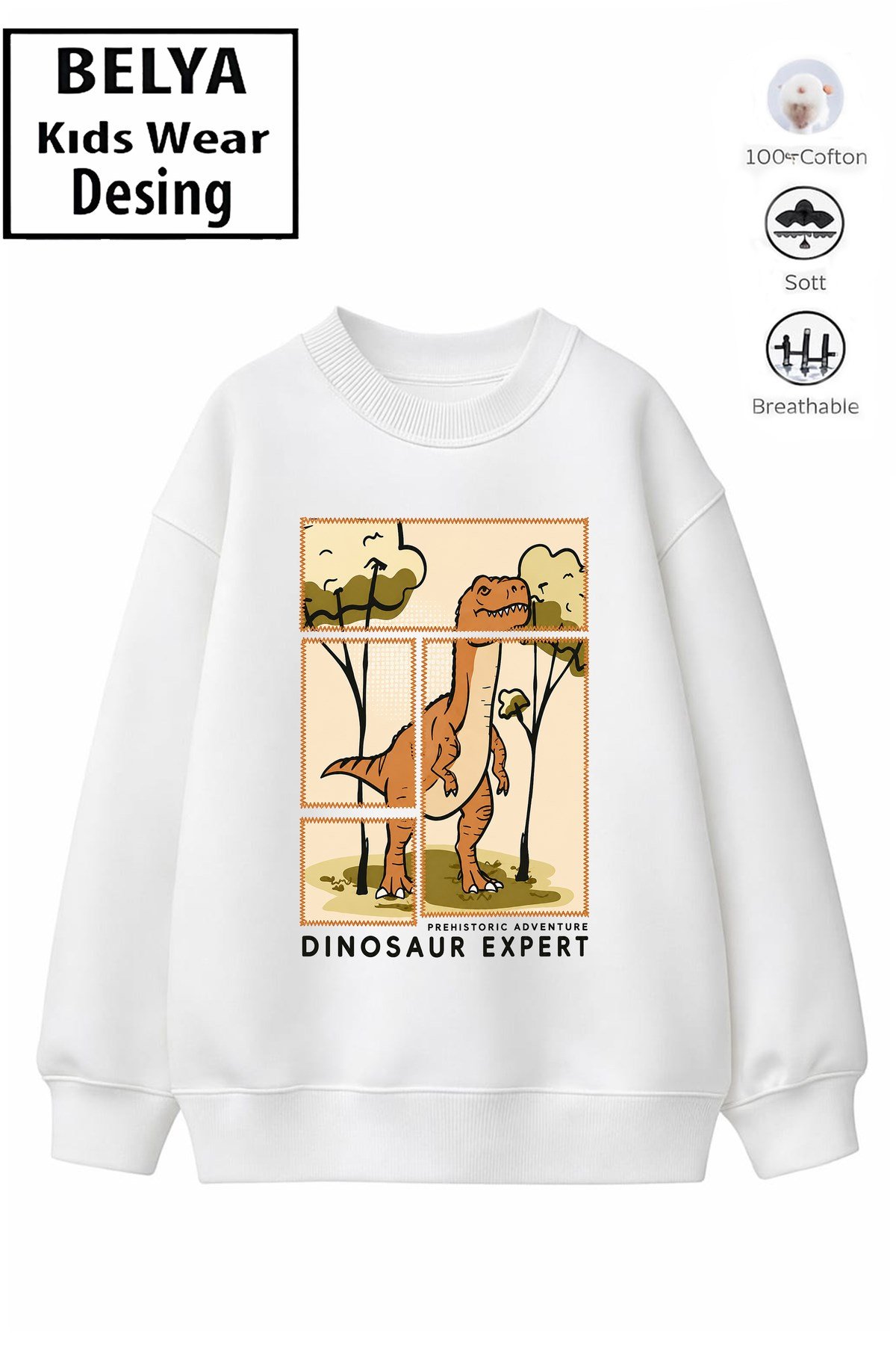 Trend Çocuk Erkek Model Tam Kalıp Oversize Dinazor Tasarım 2 İplik Pamuğa Pamuk Kumaş Sweatshirt 38