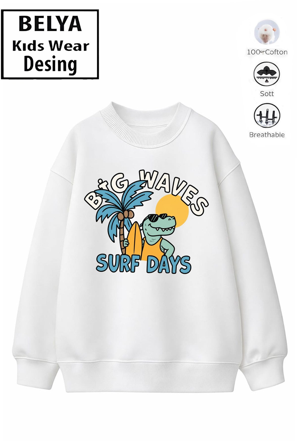 Trend Çocuk Erkek Model Tam Kalıp Oversize Dinazor Plaj 2 İplik Pamuğa Pamuk Kumaş Sweatshirt 24