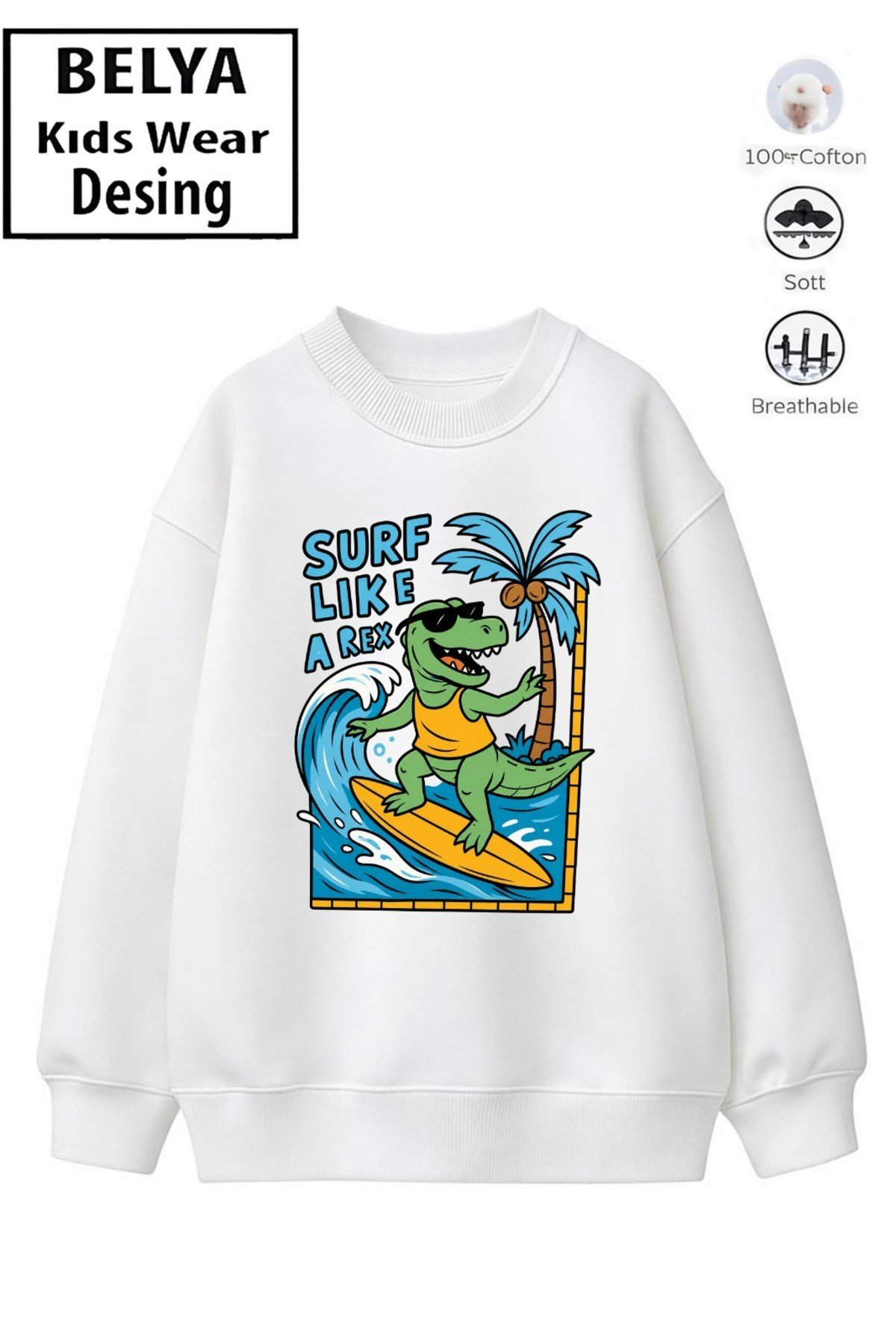 Trend Çocuk Erkek Model Tam Kalıp Oversize Surf Tasarım 2 İplik Pamuğa Pamuk Kumaş Sweatshirt 1