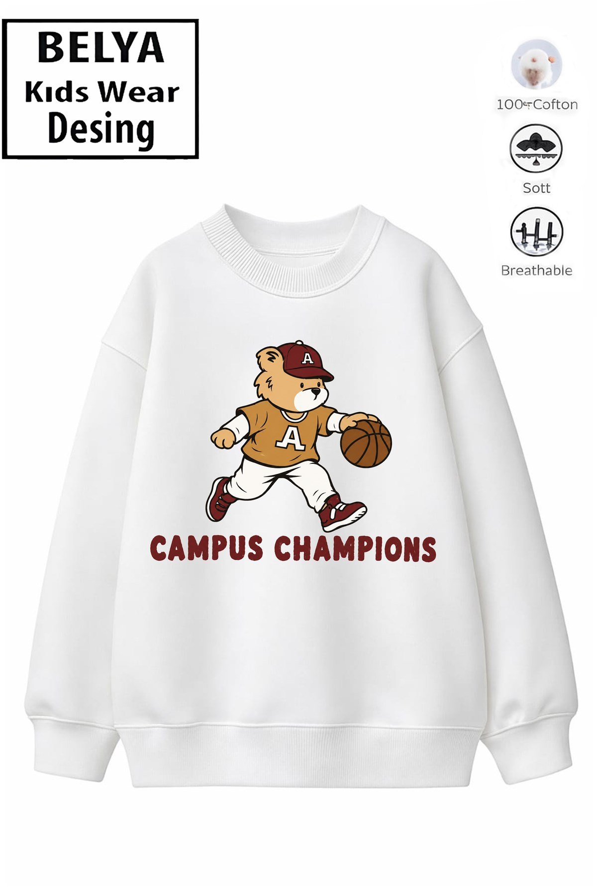 Trend Çocuk Erkek Model Tam Kalıp Oversize Basket ayıcık 2 İplik Pamuğa Pamuk Kumaş Sweatshirt 22