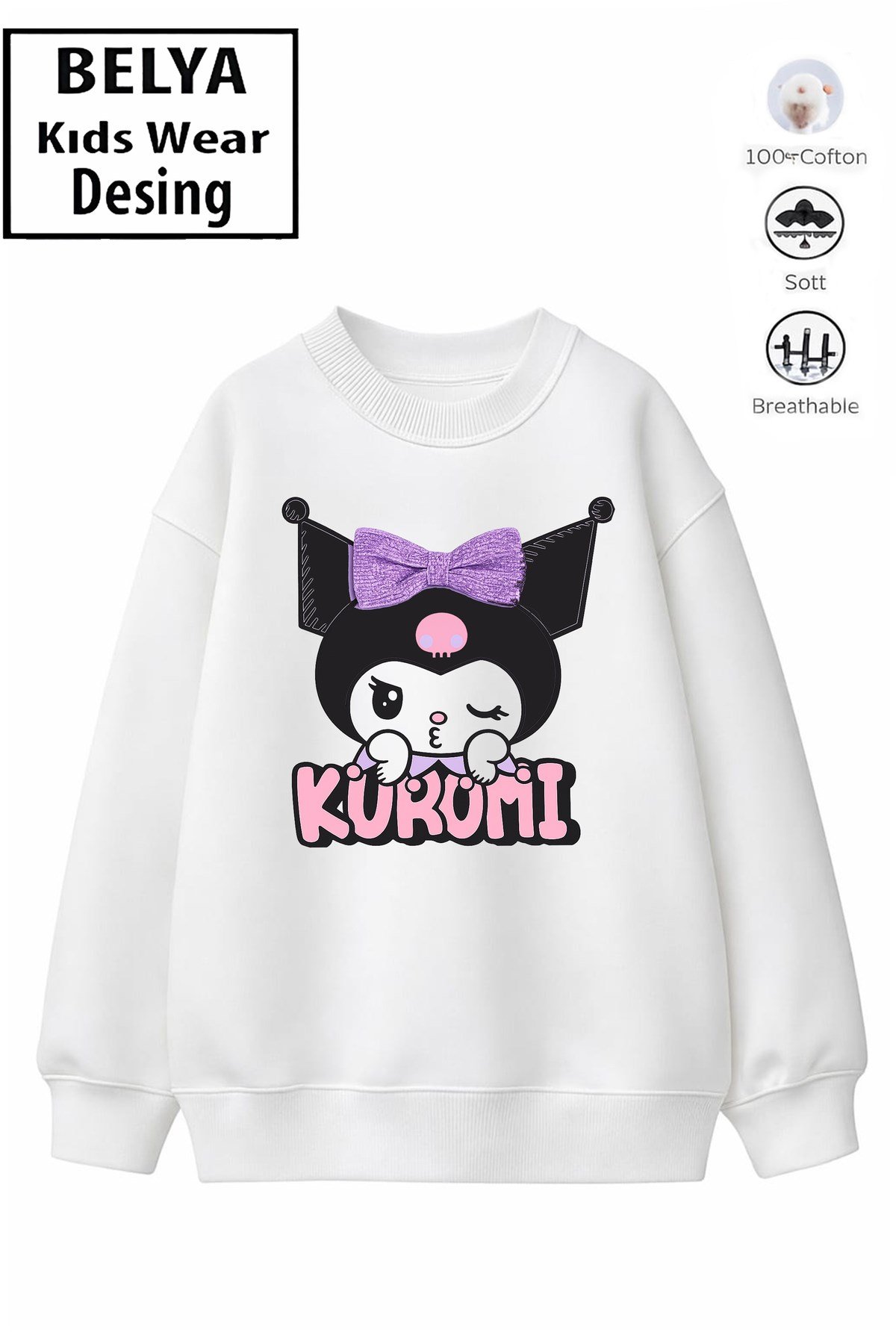Trend Çocuk Kız Model Tam Kalıp Oversize Kuromi Tasarım 2 İplik Pamuğa Pamuk Kumaş Sweatshirt 14