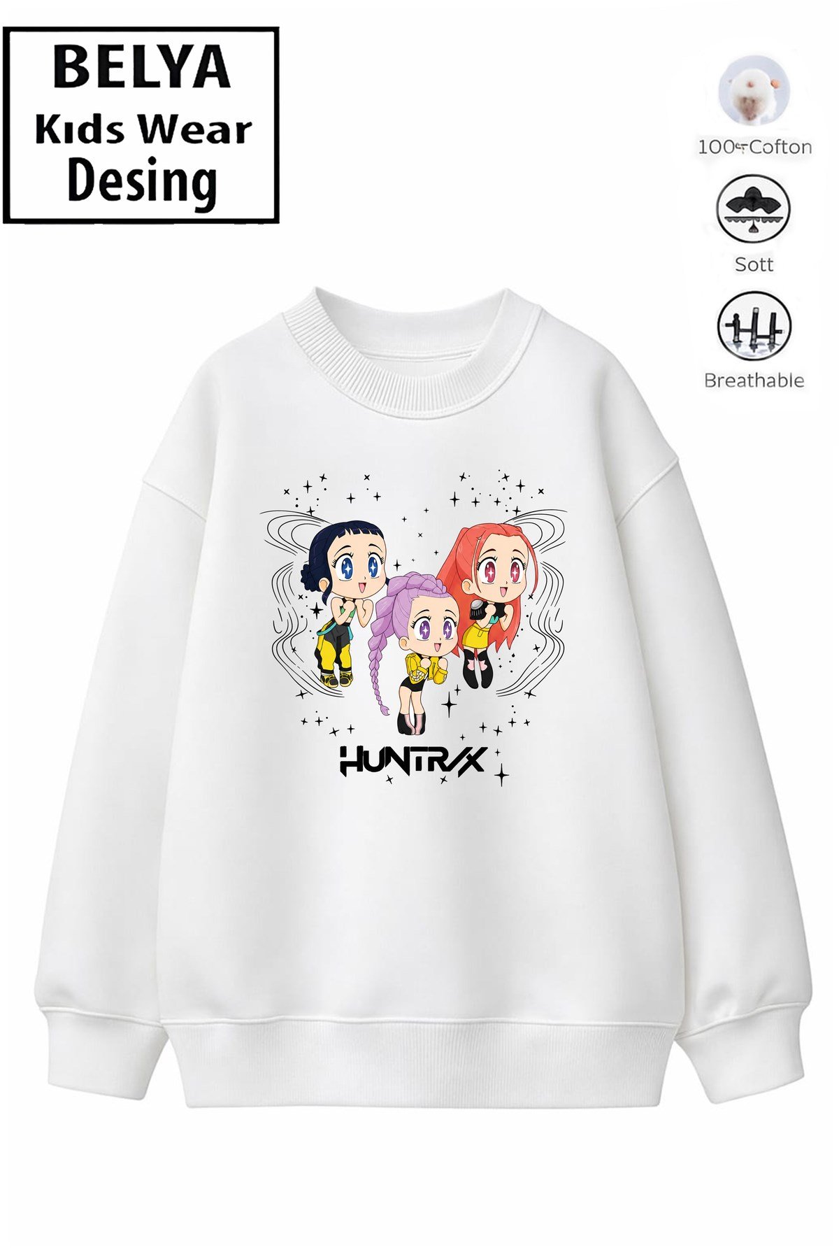 Trend Çocuk Kız Model Tam Kalıp Oversize Karikatür Hun Tasarım 2 İplik Pamuğa Pamuk Kumaş Sweatshirt 12