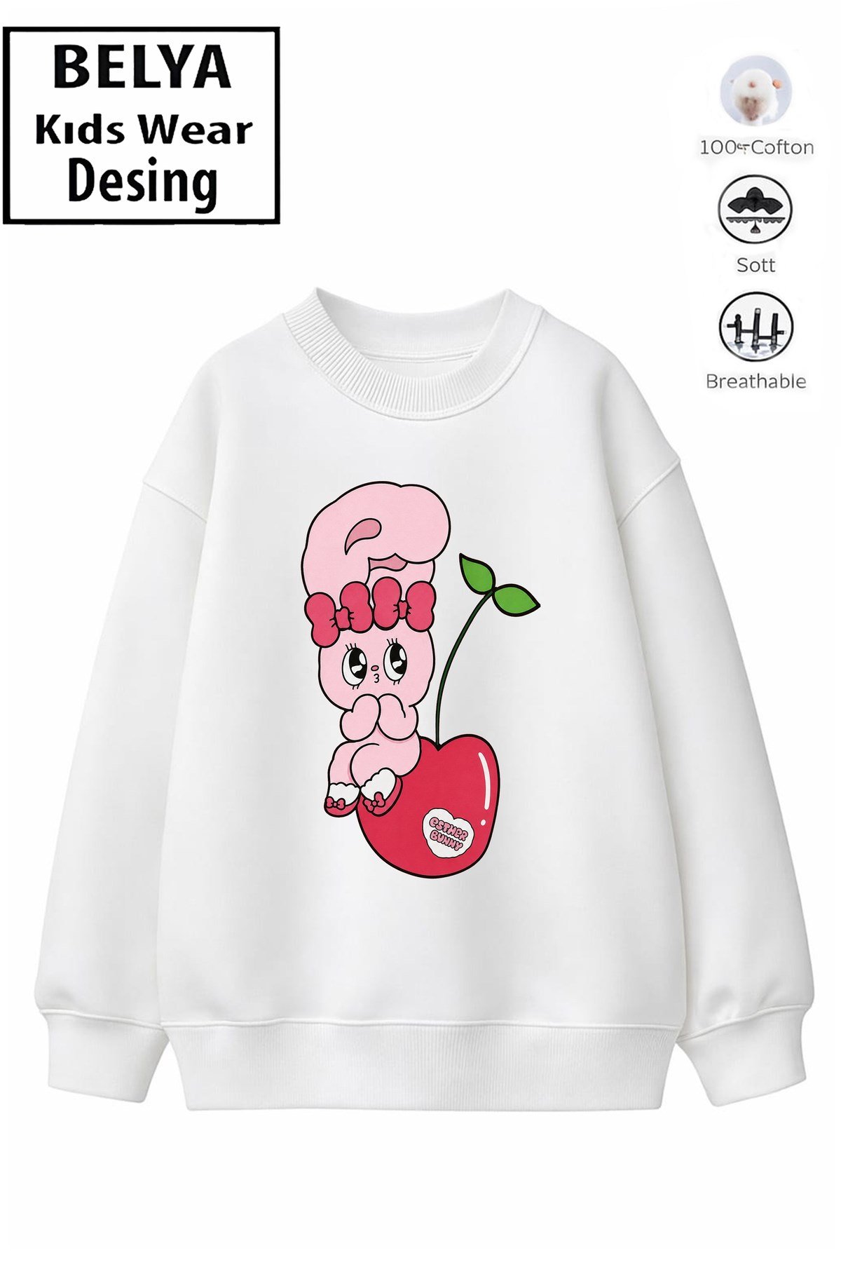 Trend Çocuk Kız Model Tam Kalıp Oversize Kiraz Tasarım 2 İplik Pamuğa Pamuk Kumaş Sweatshirt 44