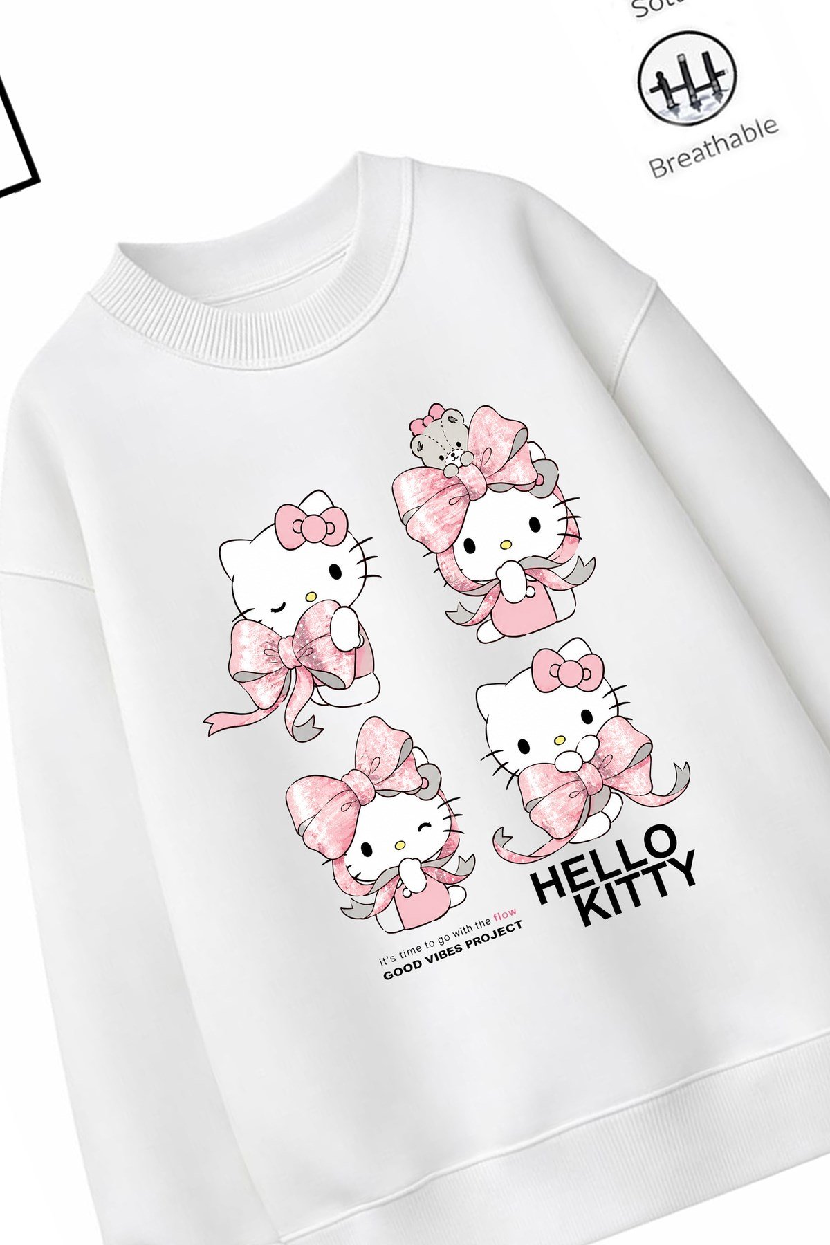 Trend Çocuk Kız Model Tam Kalıp Oversize Kurdele Hel Tasarım 2 İplik Pamuğa Pamuk Kumaş Sweatshirt 45