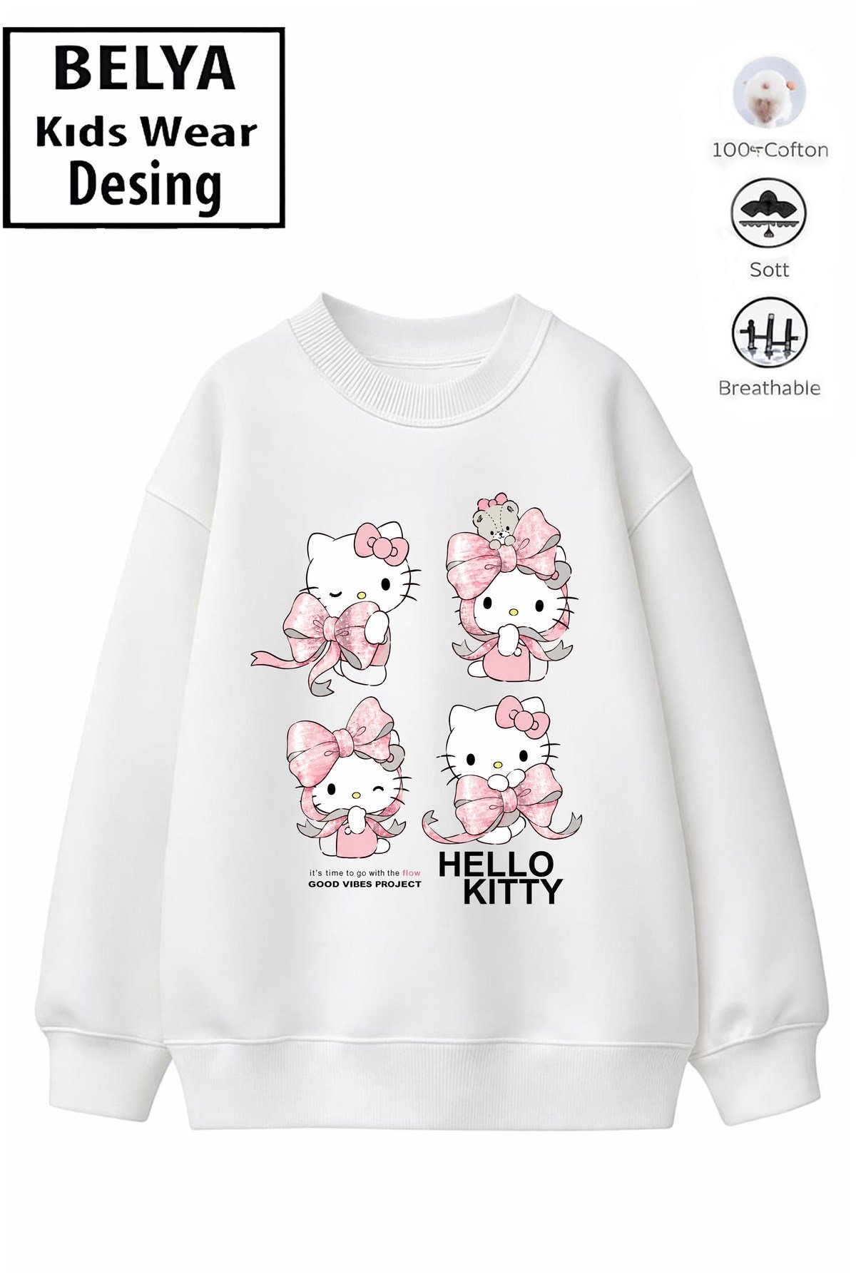 Trend Çocuk Kız Model Tam Kalıp Oversize Kurdele Hel Tasarım 2 İplik Pamuğa Pamuk Kumaş Sweatshirt 45