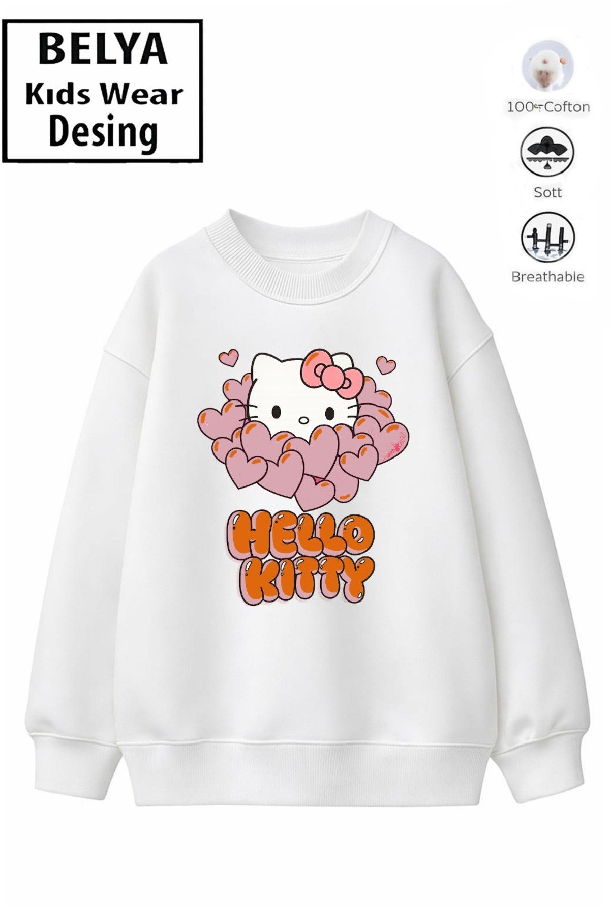 Trend Çocuk Kız Model Tam Kalıp Oversize Kedı Tasarım 2 İplik Pamuğa Pamuk Kumaş Sweatshirt 7