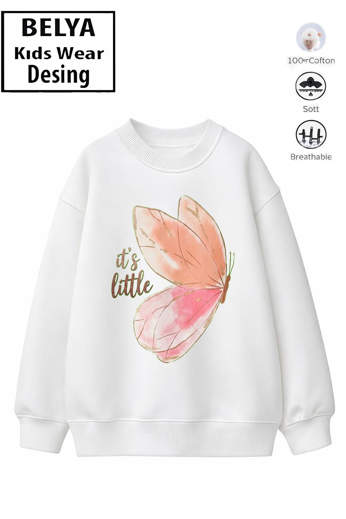 Trend Çocuk Kız Model Tam Kalıp Oversize Kelebek 2 İplik Pamuğa Pamuk Kumaş Sweatshirt 26