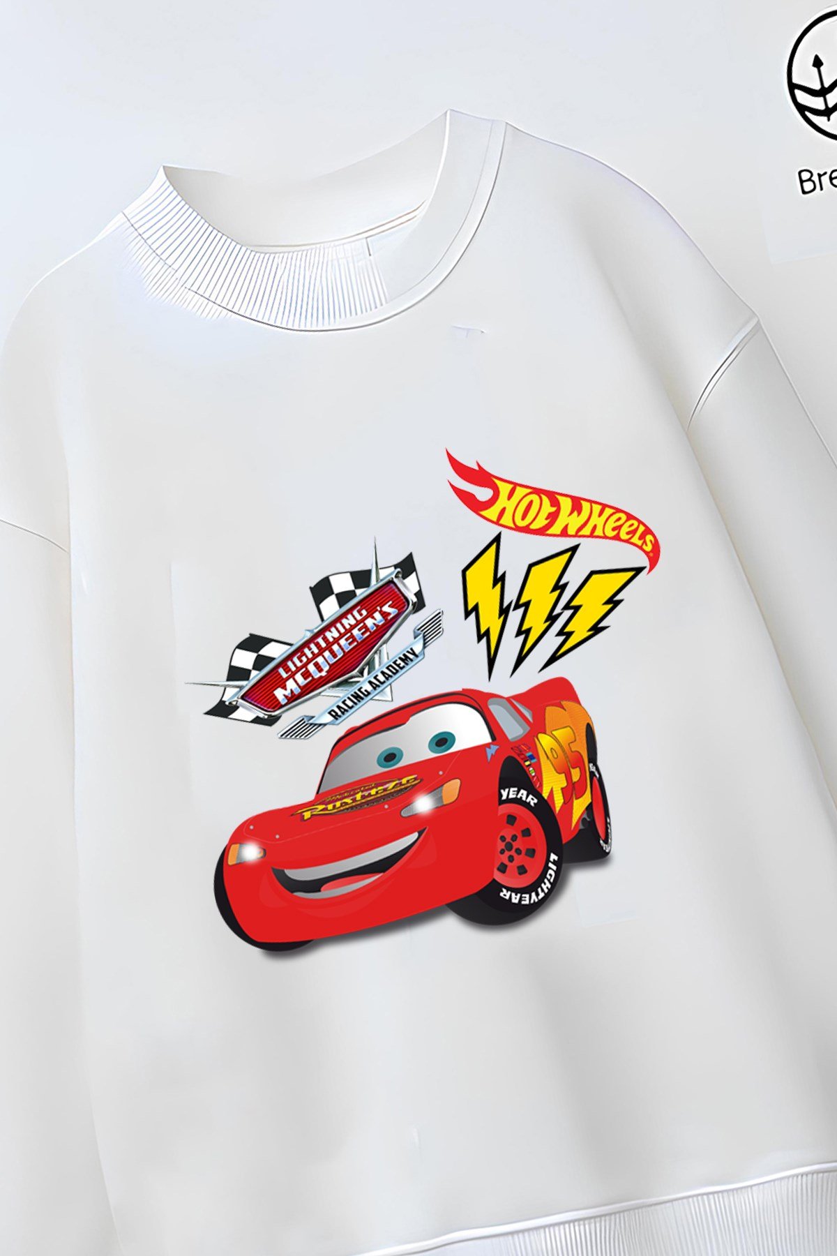 Trend Çocuk Model Tam Kalıp Oversize Şimşek McQueen Tasarım 3 İplik Pamuğa Pamuk Kumaş