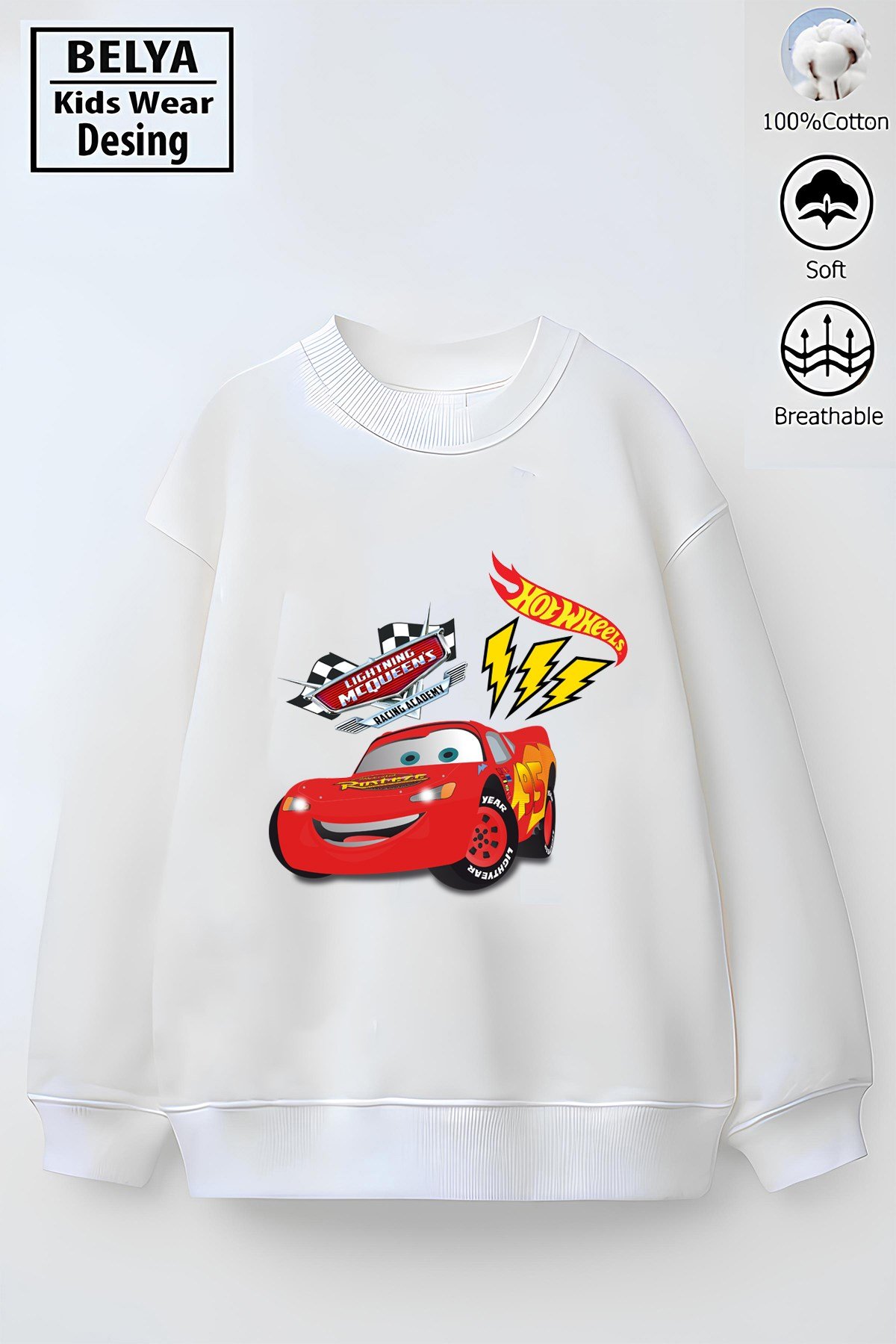 Trend Çocuk Model Tam Kalıp Oversize Şimşek McQueen Tasarım 3 İplik Pamuğa Pamuk Kumaş